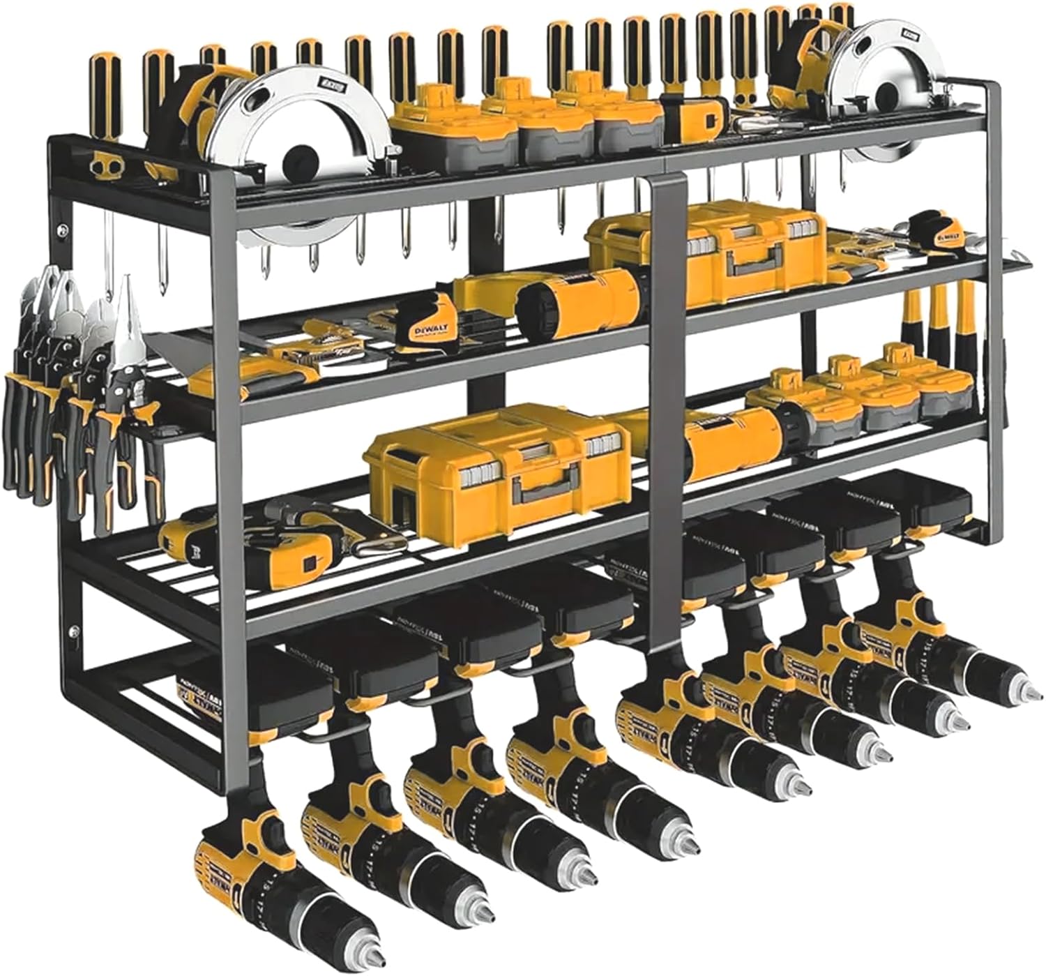 Power Tool Organizer Wall Mount：Heavy Duty Drill Holder Rack with 8 Slots, 4-Tier Metal Tool Shelf for Garage Storage, Workshop, DIY(32inch)