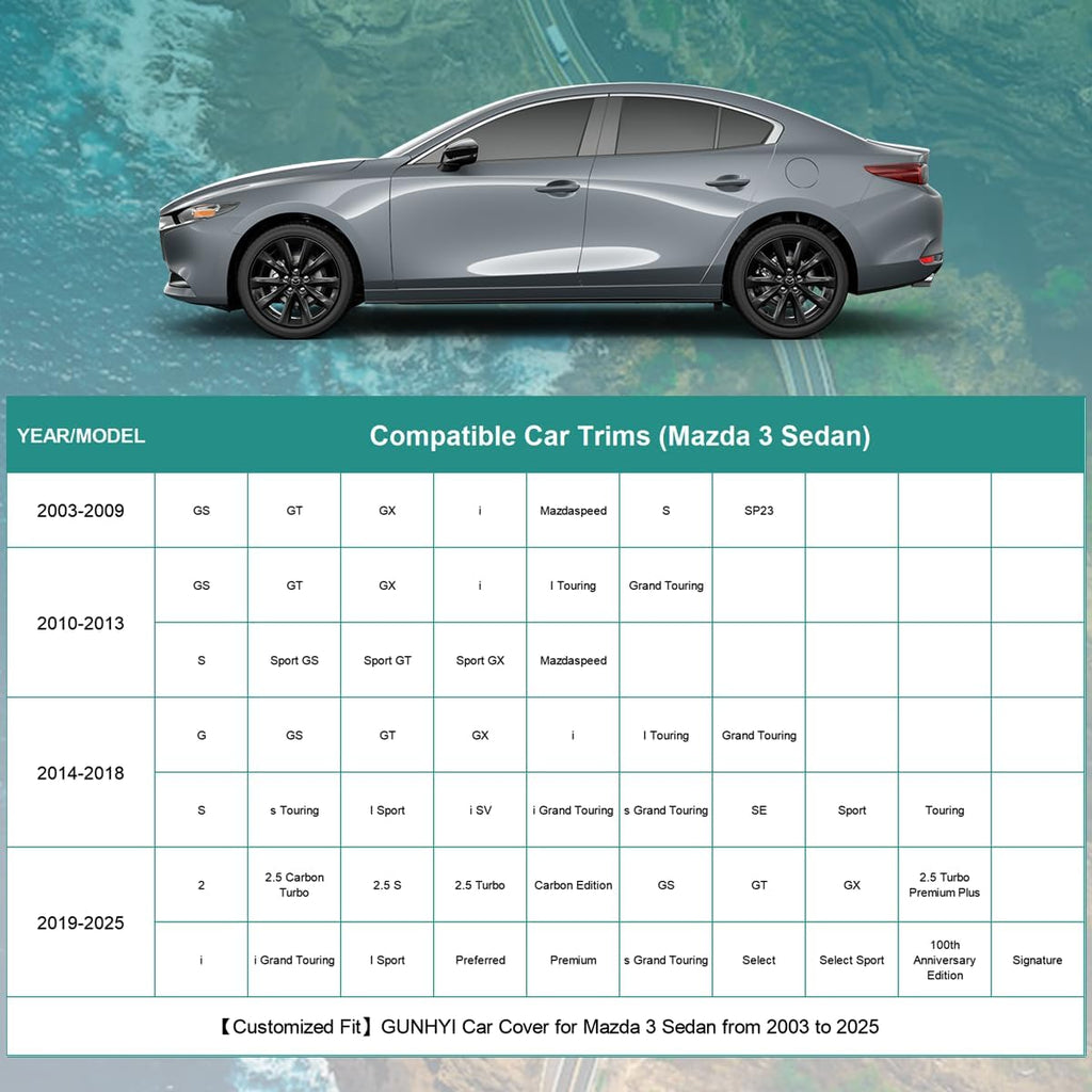 Premium Car Cover Custom Fit Mazda 3 Sedan (2003-2025), 16 Layers Heavy Duty Car Cover Waterproof All Weather with Zipper Door for Sun Rain Snow Dust Uv Protection
