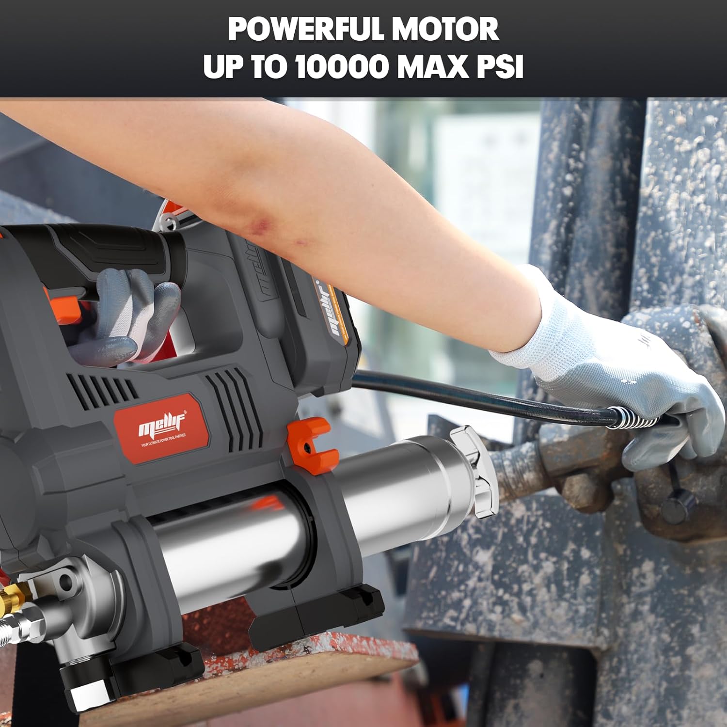 Mellif Cordless Power Grease Gun Compatible with DeWalt 20V MAX Battery, 10,000 PSI, Brushless Motor, 14 oz Capacity, 30" Hose, Built-in LED, Safety Lock, Includes 2.0Ah Battery & Fast Charger