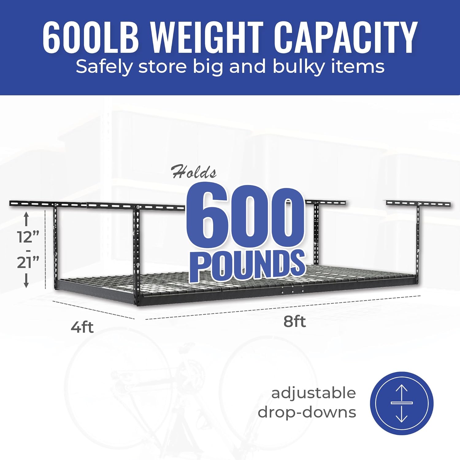 SafeRacks Overhead Storage Rack - Heavy Duty, 600 lb Capacity, Adjustable, Ceiling Mount for Garage 4x8 Hammertone (12"-21")