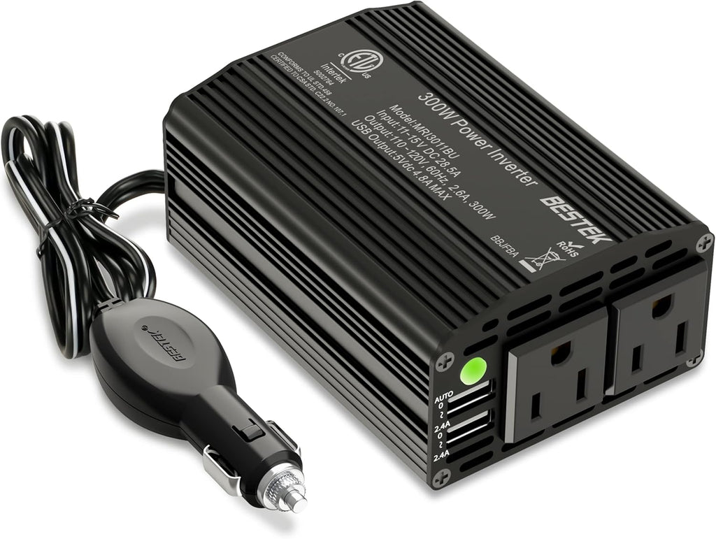 BESTEK 300W Power Inverter DC 12V to 110V AC, Durable Aluminum Housing Car Charger Adapter with 4.8A Dual USB Fast Charging Port, Car Plug in Cigarette Lighter Outlet for Phone, Laptop