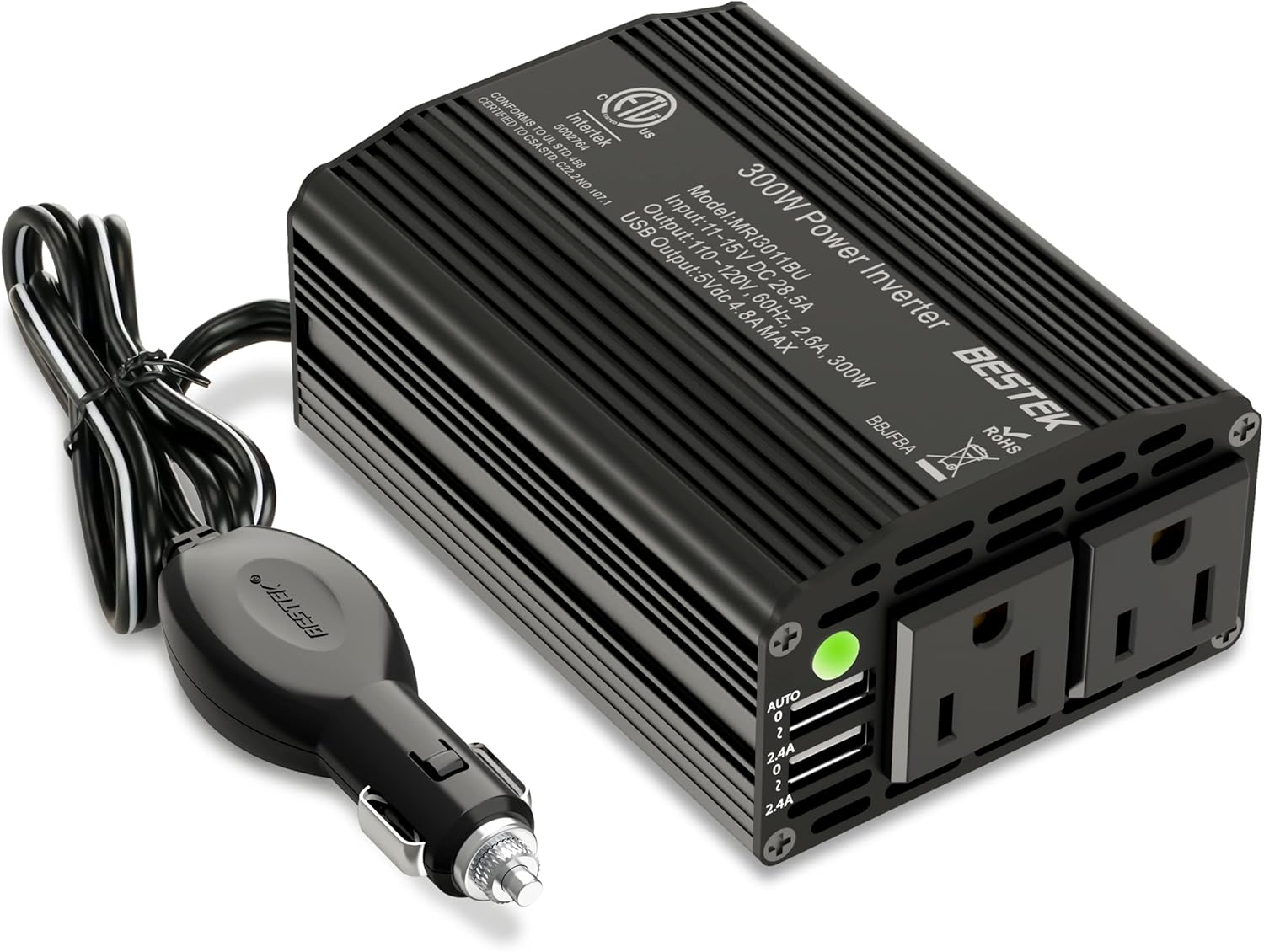 BESTEK 300W Power Inverter DC 12V to 110V AC, Durable Aluminum Housing Car Charger Adapter with 4.8A Dual USB Fast Charging Port, Car Plug in Cigarette Lighter Outlet for Phone, Laptop