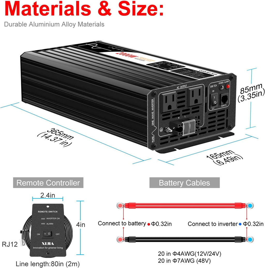 Xijia Pure sine Wave Inverter 2000W 48 Volt dc to 120 Volt ac Inverter (Peak Power 4000W) rv Converter 60HZ with Soft Start for car &Camping (DC48V (Range 40V-60V) 2000W)