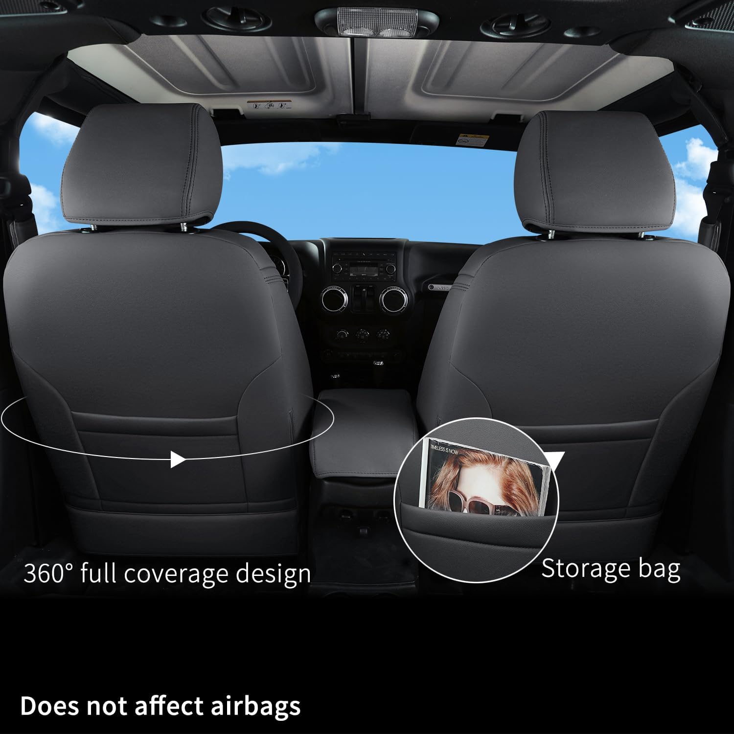 GIANT PANDA Customized Full Set Car Seat Covers for Jeep Wrangler 2 Door JK Sport Sahara Rubicon Freedom Willys Wheeler 2013 2014 2015 2016 2017, Faux Leather - (Black)