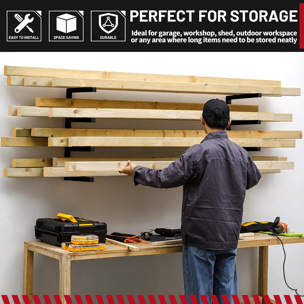 YYR Wood Organizer and Lumber Storage Rack Wall Mount, Heavy Duty Metal Shelf with 4-Level Holds Up 800 LBS, Indoor & Outdoor Use - Black
