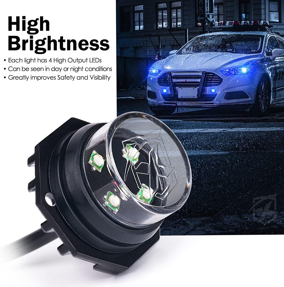 Xprite Blue LED Hideaway Strobe Police Lights Kit, 20 Flashing Patterns w/Control Panel for Headlights Taillights Hazard Warning Mounting, for Emergency Vehicles Volunteer Cars Trucks SUV 4PCS