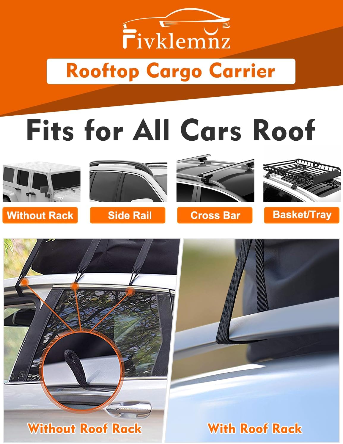 FIVKLEMNZ 30 Cubic Car Rooftop Cargo Carrier Roof Bag Waterproof for All Top of Vehicle with/Without Rack Includes Topper Anti-Slip Mat + Reinforced Straps + 6 Door Hooks + Luggage Lock