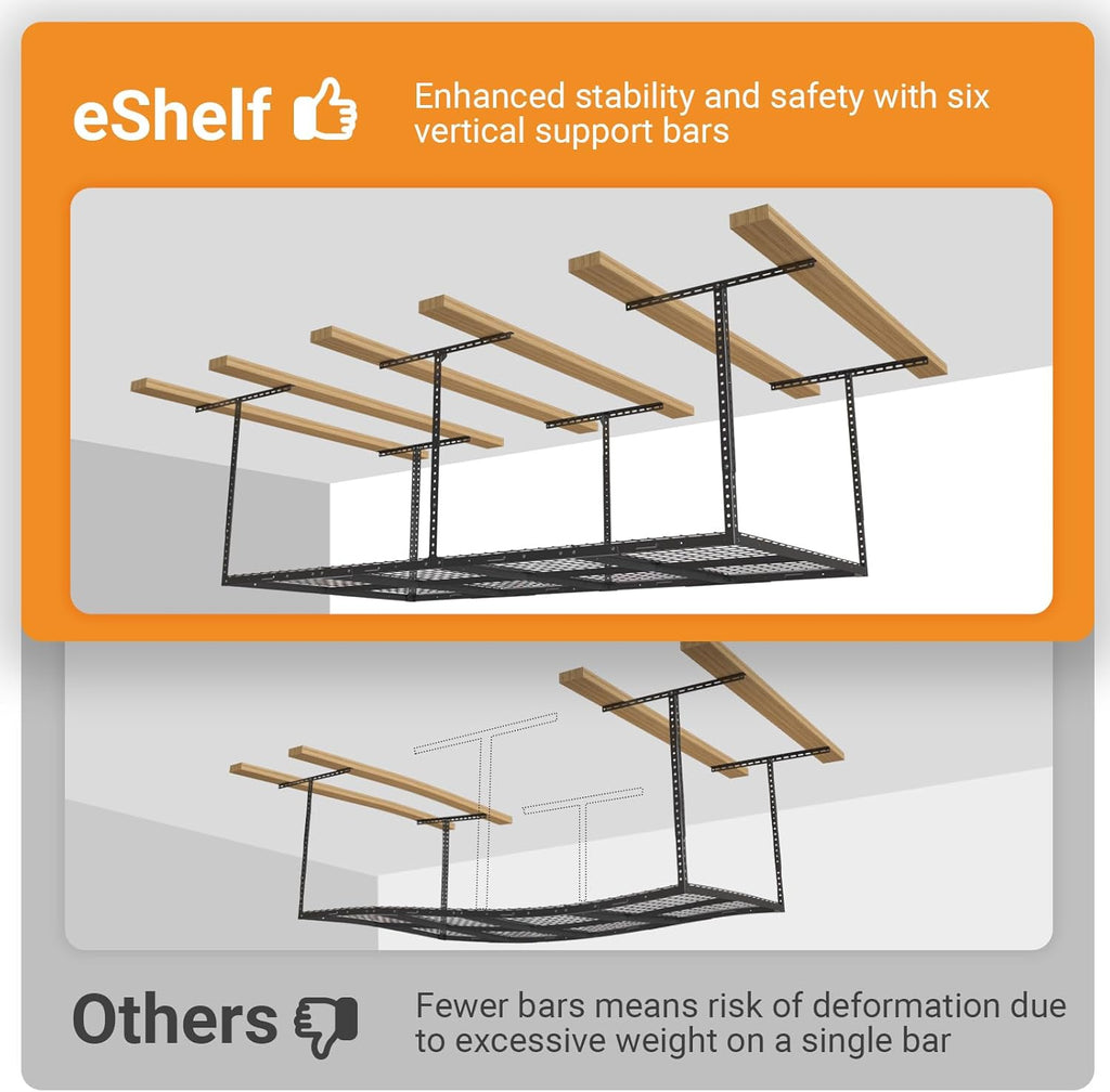 2ftx8ft Overhead Garage Storage Rack, Heavy-Duty Metal Garage Ceiling Storage Rack, 22''-40" Adjustable Ceiling Drop-Down, 400 lb. Loading Weight Capacity, Black