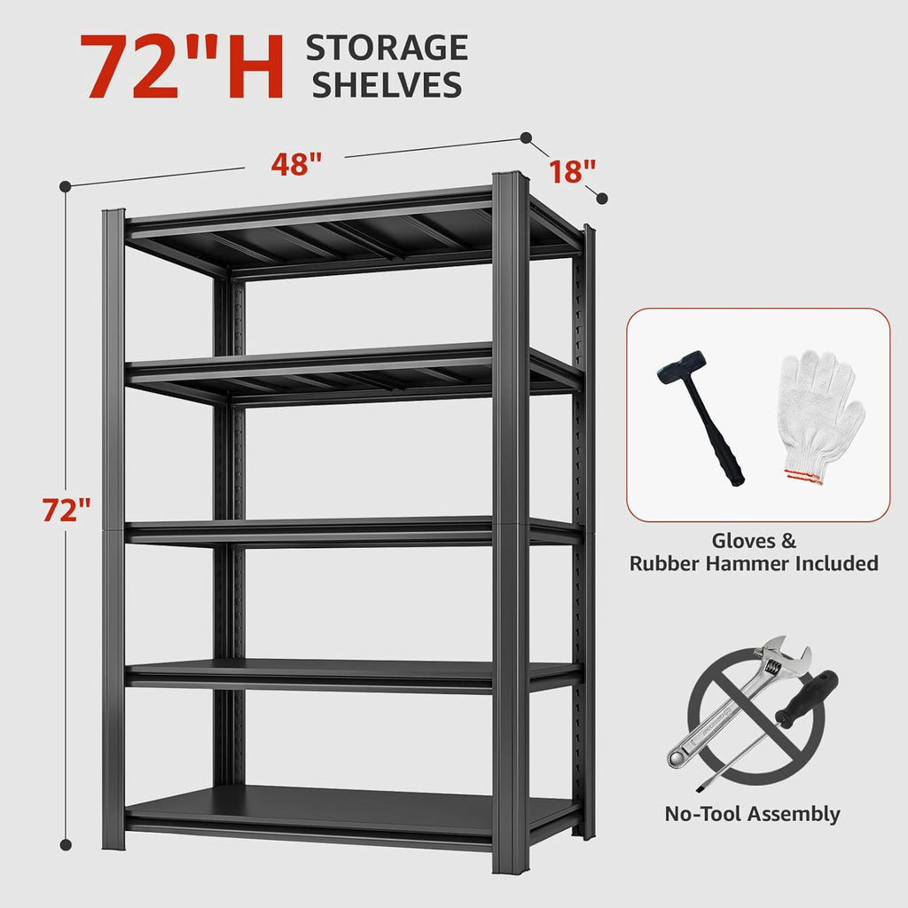 5 Tier Metal Shelving Unit, 72" H x 48" W Adjustable Storage Shelves, Heavy Duty Garage Shelves for Warehouse, Basement, Kitchen, Pantry, Living Room, 2500LBS, Black, 18" D