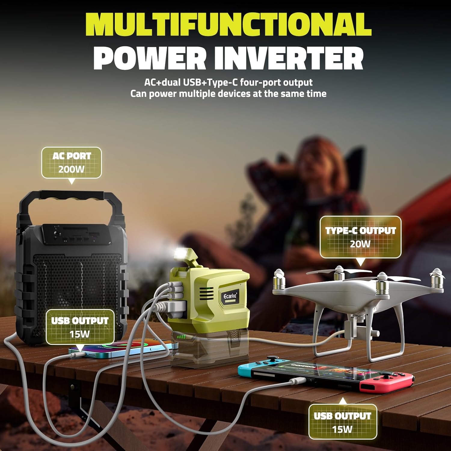 200W Portable Power Inverter Compatible with Ryobi 18V,Ecarke Outdoor Generato Battery Converter with 2 USB&LED&AC Battery Powered Outlet,Convert DC 18V/20V to AC 110V-120V Portable Power Station