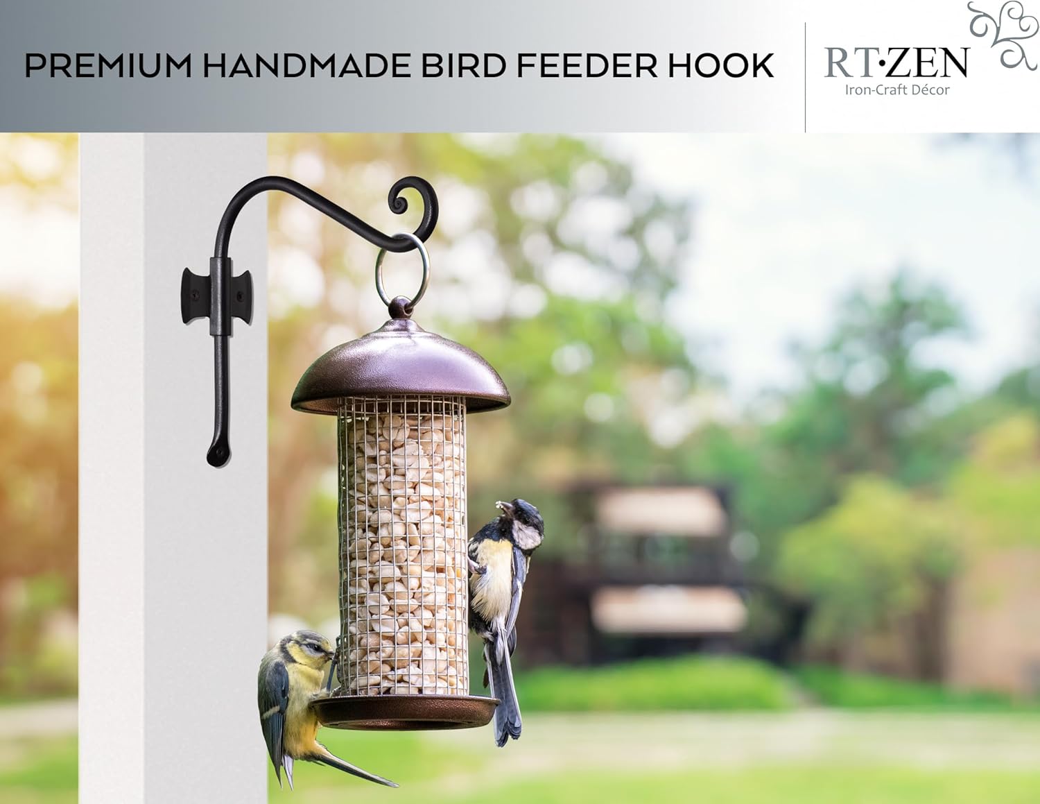 RTZEN Plant Hangers Outdoor or Indoor - Wrought Iron Metal Hanger Indoor Hook - Heavy Duty Wall Bracket Hooks for Hanging Plants Baskets Lanterns Wind Chimes - 2 Pack (Black Axe-Shape Hooks)