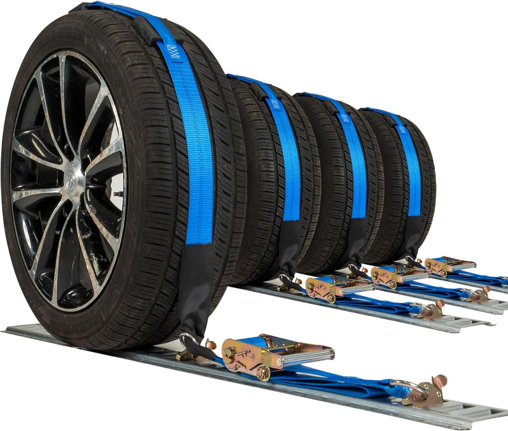 US Cargo Control E Track Wheel Straps with E-Track Fittings & Three Rubber Blocks (4-Pack), 2 Inch x 11 Foot Car Tie Down Straps for Trailers, Fits Tires 14-30 Inches, 12,000 LBS Break Strength