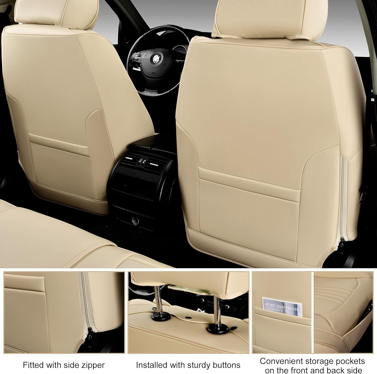 Car Seat Covers Full Set, Front and Rear Seat Covers for Cars, Waterproof Leather Auto Seat Protectors with Head Pillow, Car Seat Cushions Fit for Most Sedans SUV Pick-up Truck, Beige