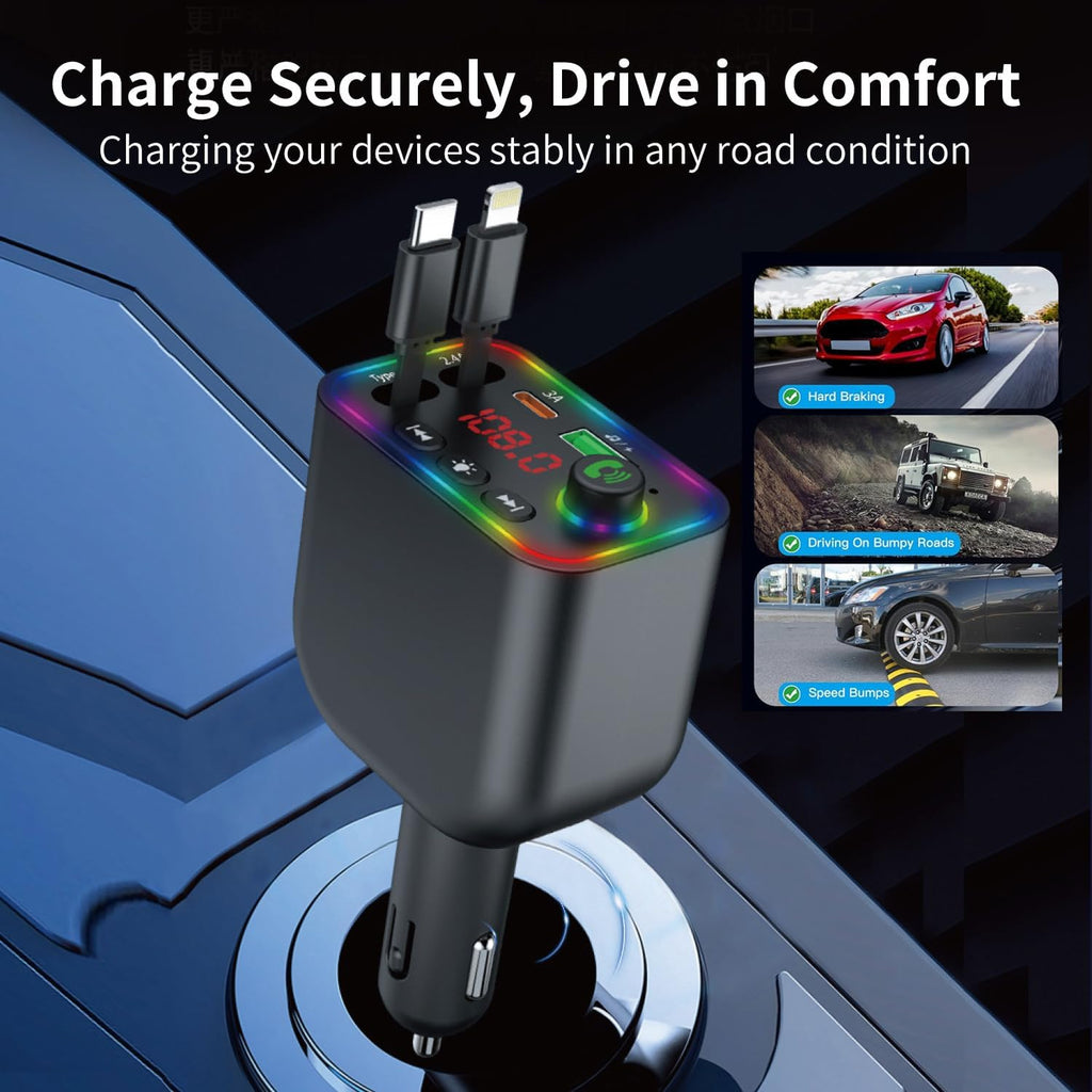 Vitog Retractable Car Charger, Wireless Bluetooth 5.3 FM Transmitter 100W USB C 4 in 1 Fast Car Charger Adapter,iPhone 16 Fast Charging-for iPhone 16 15 14 13 12 Android