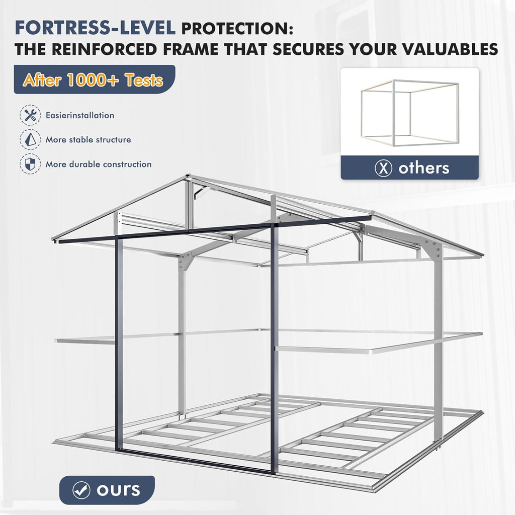10x12 Metal Shed with Floor Frame Kit & Reinforced Construction - Translucent Roof Panels for Natural Light, Lockable Doors, Vents and Windows | Weatherproof Outdoor Storage for Garden/Backyard/Patio