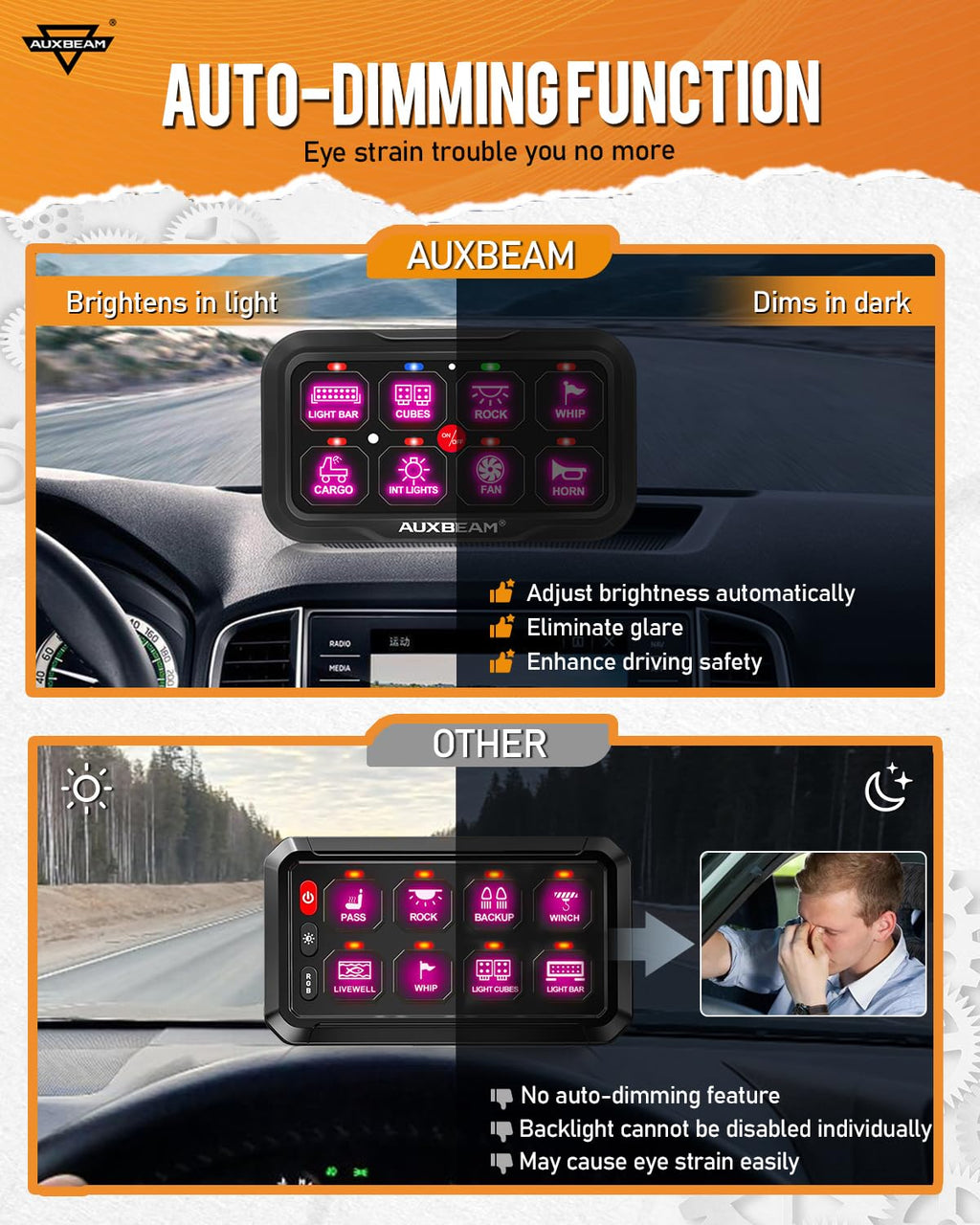 Auxbeam 8 Gang Switch Panel AR-820 Bluetooth RGB Switch Pod Automatic Dimmable Multifunction Switch w/Toggle Momentary Pulsed Control Panel for UTV ATV Truck Car RV Boat Waterproof 2 Years Warranty