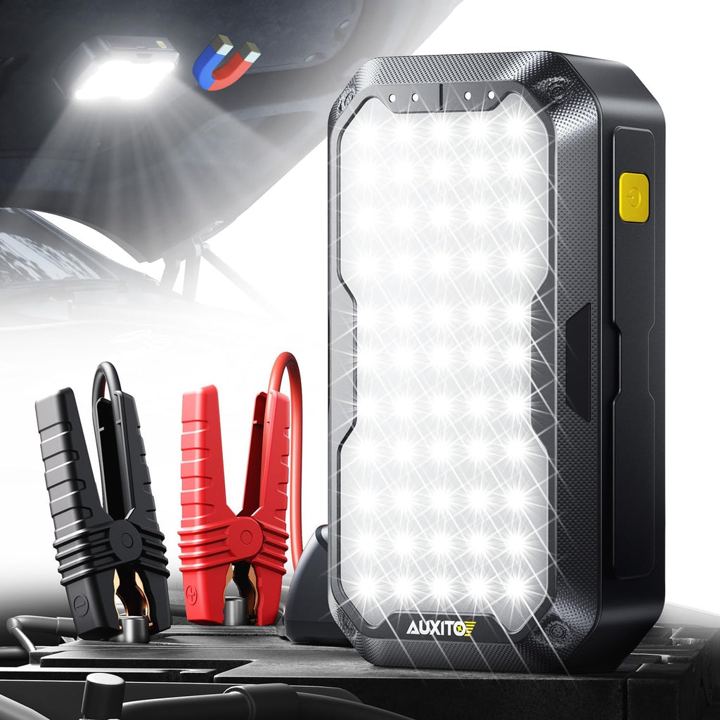 AUXITO Car Battery Jump Starter: 5000A Portable Jump Starter Up to 8.5L Gas and 8.0L Diesel Engines with 2000LM LED Work Panel Light, 12V Safe Jump Box with Camping Light, Power Bank and Jumper