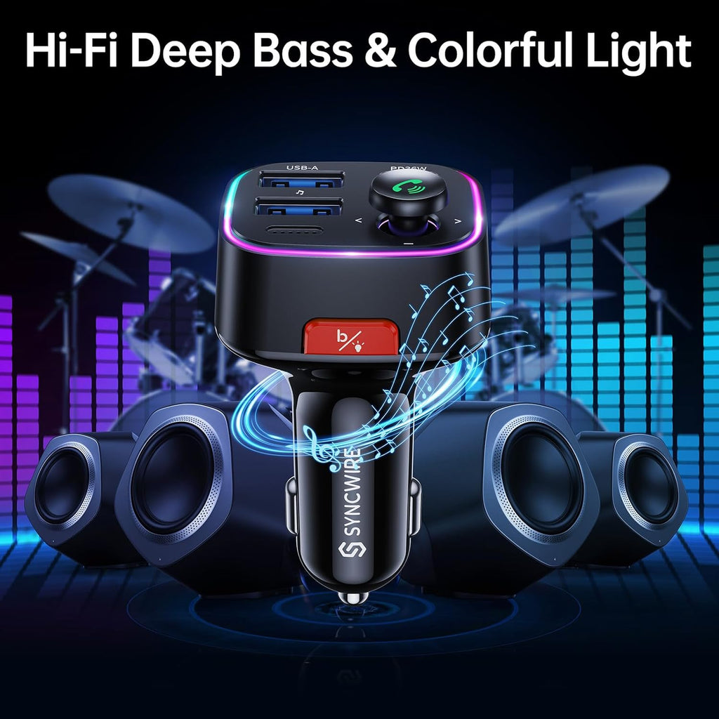 Syncwire Bluetooth 5.4 FM Transmitter Car Adapter 48W (PD 36W & 12W) [Light Switch] [HiFi Bass Sound] [Fast Charging] Wireless Radio Music Adapter LED Display Hands-Free Calling Support USB Drive
