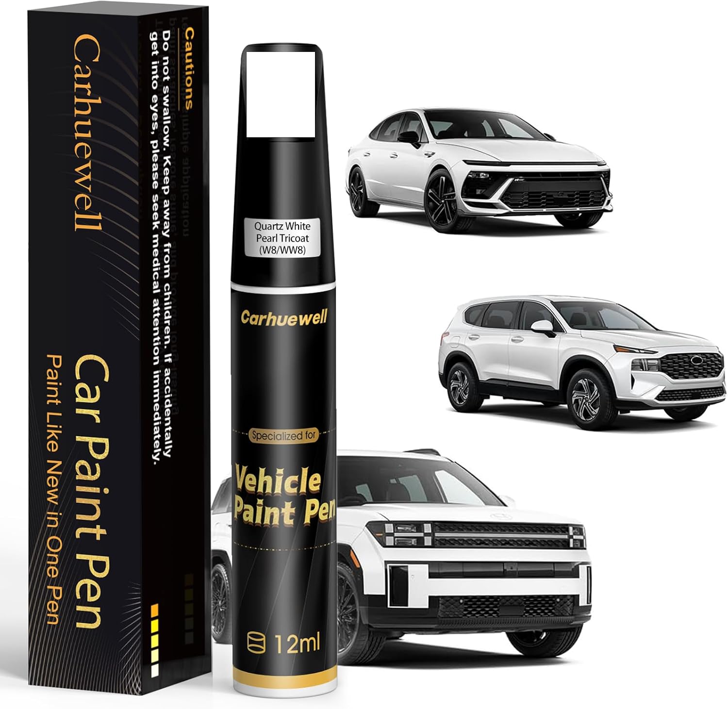 (W8/WW8) Quartz White Pearl Tricoat Touch Up Paint Compatible with Hyundai, Exact Match Car Paint Pen Automotive Scratch Repair Remover Kit Quick & Easy Solution for Vehicle Chips and Nicks