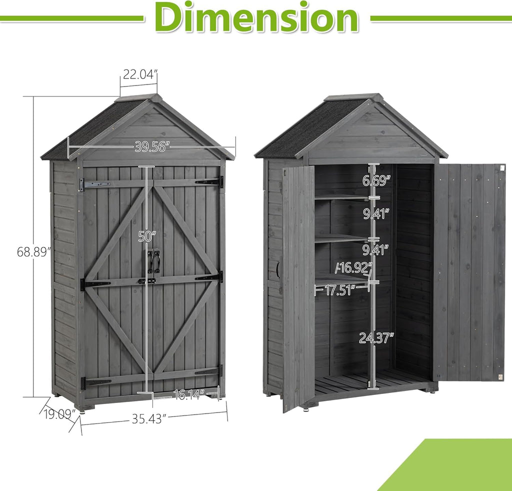 39.56"x 22.04"x 68.89" Outdoor Storage Cabinet with Removable Shelves, Waterproof Roof, and Adjustable Feet - Fir Wood Garden Tool Shed for Yard, Patio, Deck, and Garage,Grey