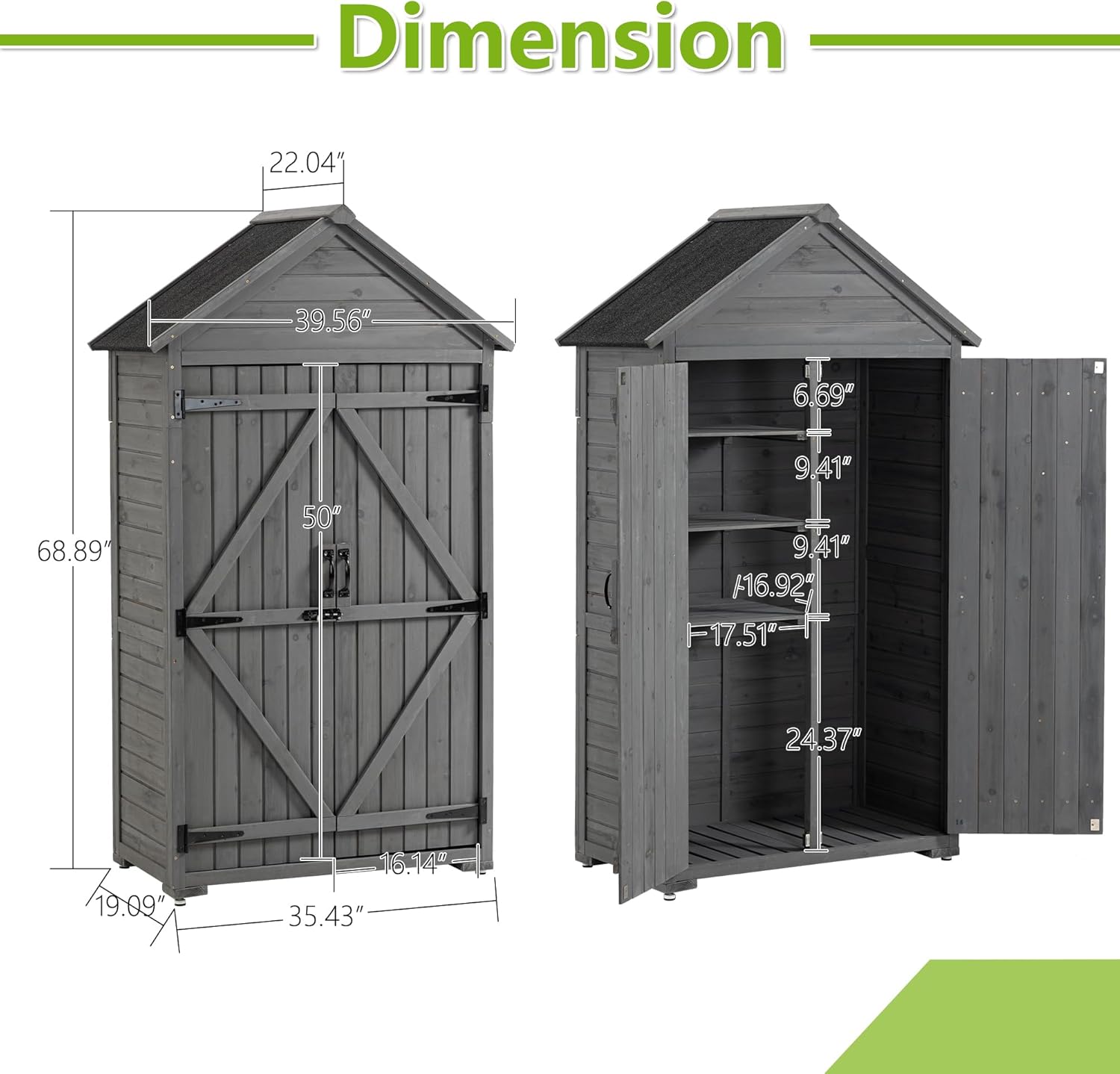 39.56"x 22.04"x 68.89" Outdoor Storage Cabinet with Removable Shelves, Waterproof Roof, and Adjustable Feet - Fir Wood Garden Tool Shed for Yard, Patio, Deck, and Garage,Grey