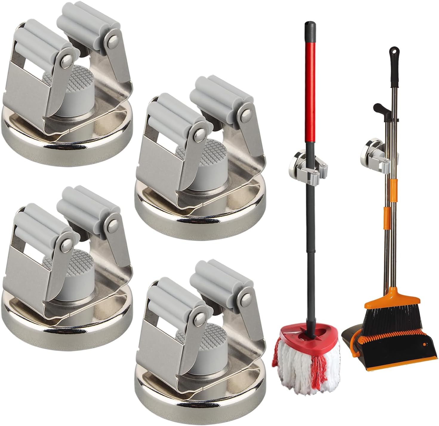 MUTUACTOR Magnetic Broom Holders,4pcs Sturdy Heavy Duty Magnetic Clips Wall Mount,10lbs No Drilling Anti-broken Magnetic Hooks Broom Mop Brackets for Work Cargo Garage Laundry Van Accessories