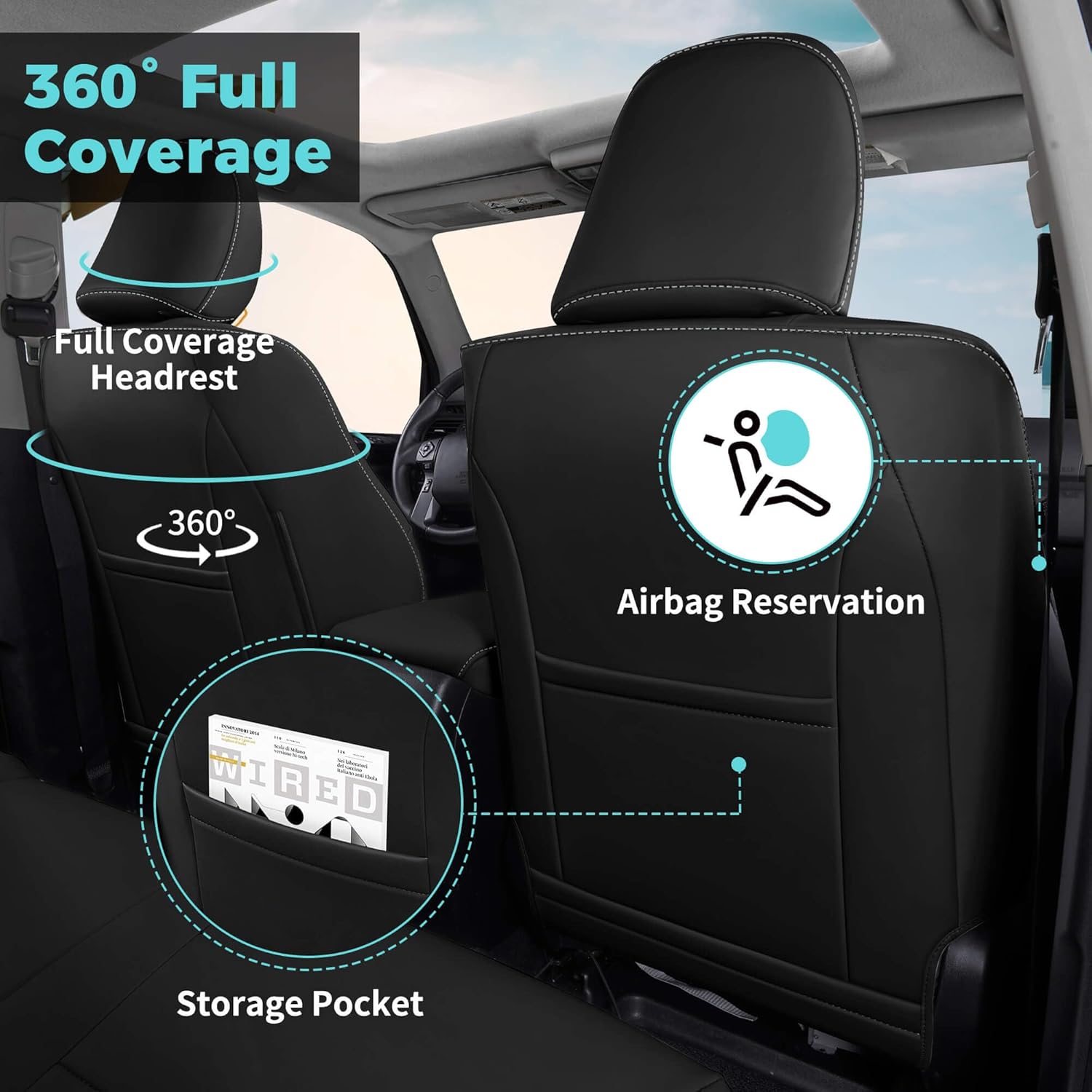 Seat Covers for Toyota 4Runner 2011-2024, Faux Leather Car Seat Cover Full Set, 3-Row-Only for 7 Seats Version-Blackwhite