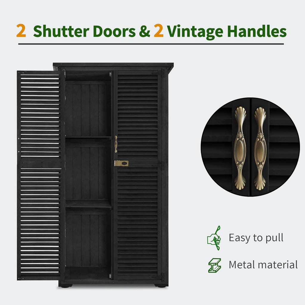 MCombo Outdoor Storage Cabinet, Wooden Storage Shed with Latch, Outside Garden Tool Shed with 2 Doors for Patio Yard Lawn, 0808 (Black, Medium)