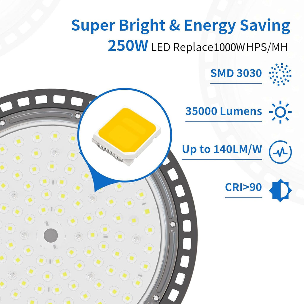 2 Pack UFO LED High Bay Light 250W, 35000 LM, 5000K with 5ft Power Cord, US Plug, Bright LED Shop Light for Basement Commercial Factory Garage Lighting, IP66 Waterproof, AC110-277V, ETL Listded