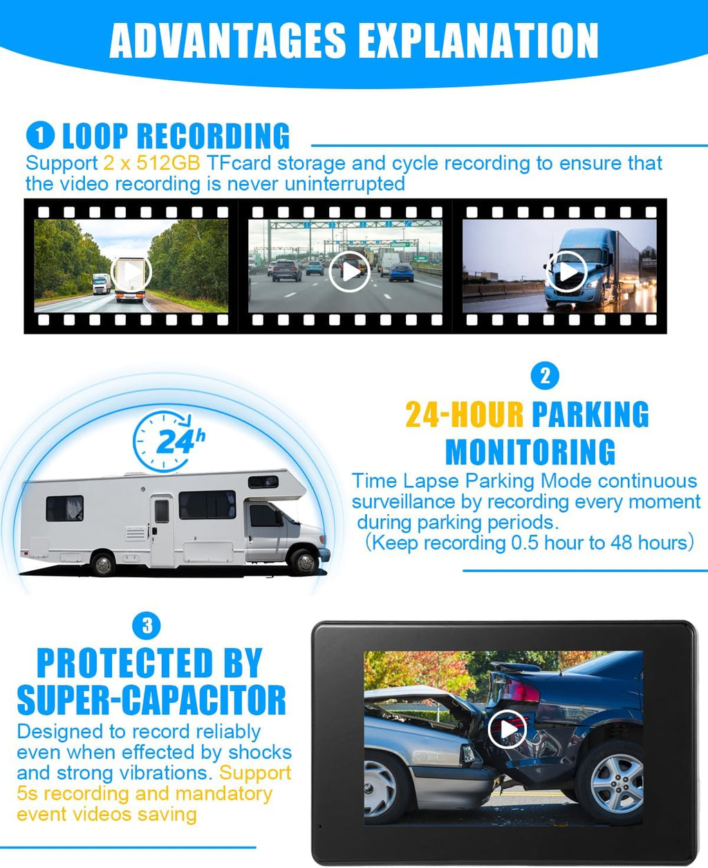 RV Backup Camera System AI WiFi GPS 7 inch Touch Screen Monitor Vehicle Recording with 4 Pieces 1080P Rear Side View Waterproof Camera Live View on APP/Web/PC for Camper RV Truck Trailer Tractor Fleet