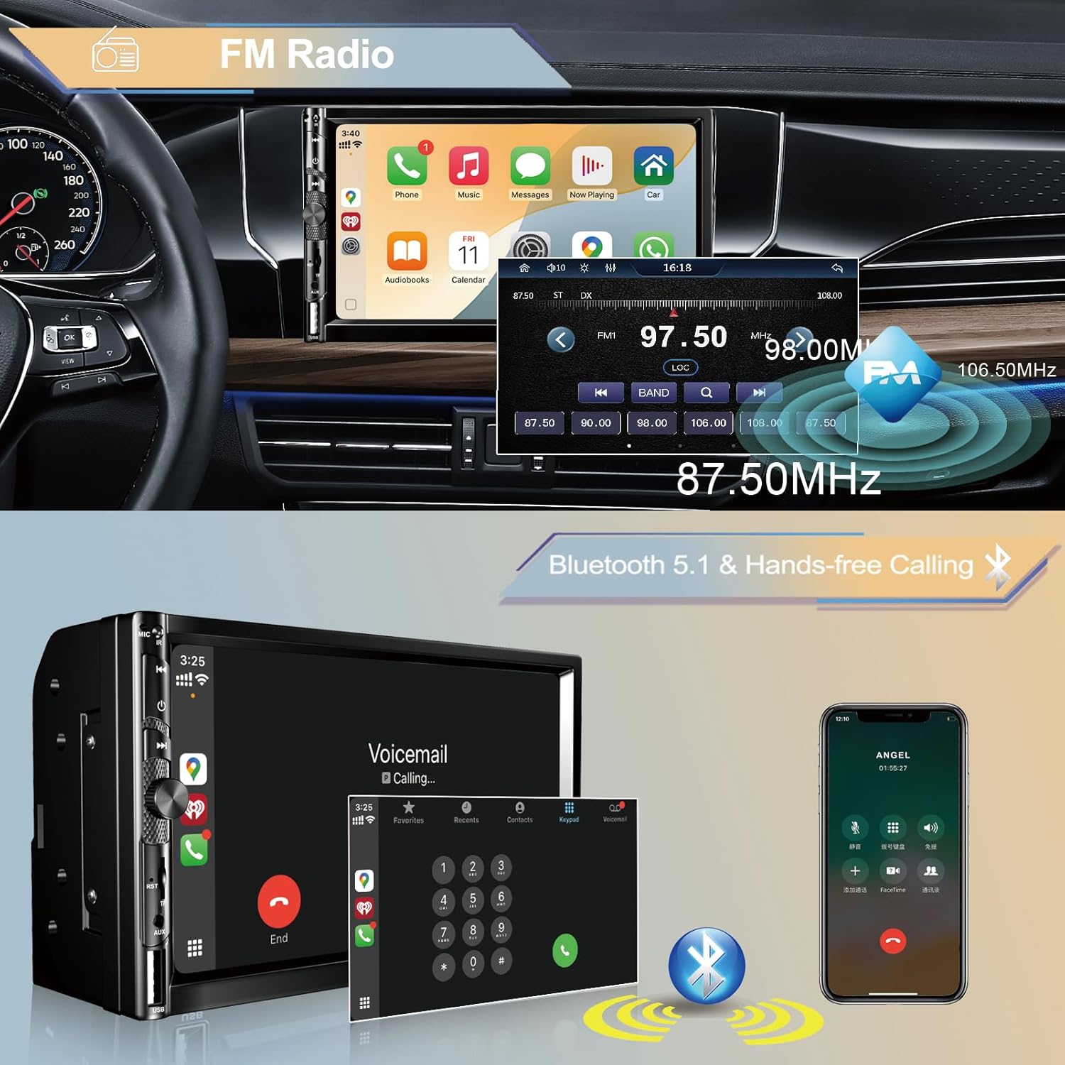 7 Inch Car Stereo with Wireless Apple CarPlay,Double Din Car Radio Androdi Auto,Bluetooth 5.2,IPS 1024 * 600 Display,FM Radio, Backup Camera,Online Navigation,178 * 100mm,Car Audio Receivers