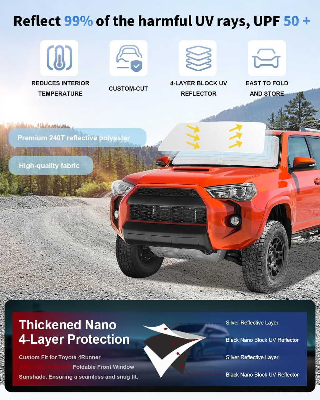 for Toyota 4Runner Windshield Sun Shade Sunshade for 2010-2025 4Runner Windshield Cover Custom-fit Toyota 4-Runner Car Front Window Shade Sun Visor Protector Shield Accessories Foldable Blocks UV Rays