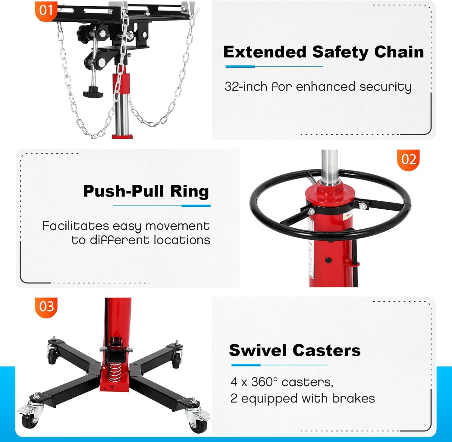 Transmission Jack, 1322lbs (3/5 Ton), 2-Stage Hydraulic Telescopic Jacks, Lifts 34"-68", with Foot Pedal & 360° Swivel Wheels, Ideal for Garage and Car Lifting, Heavy-Duty, Red