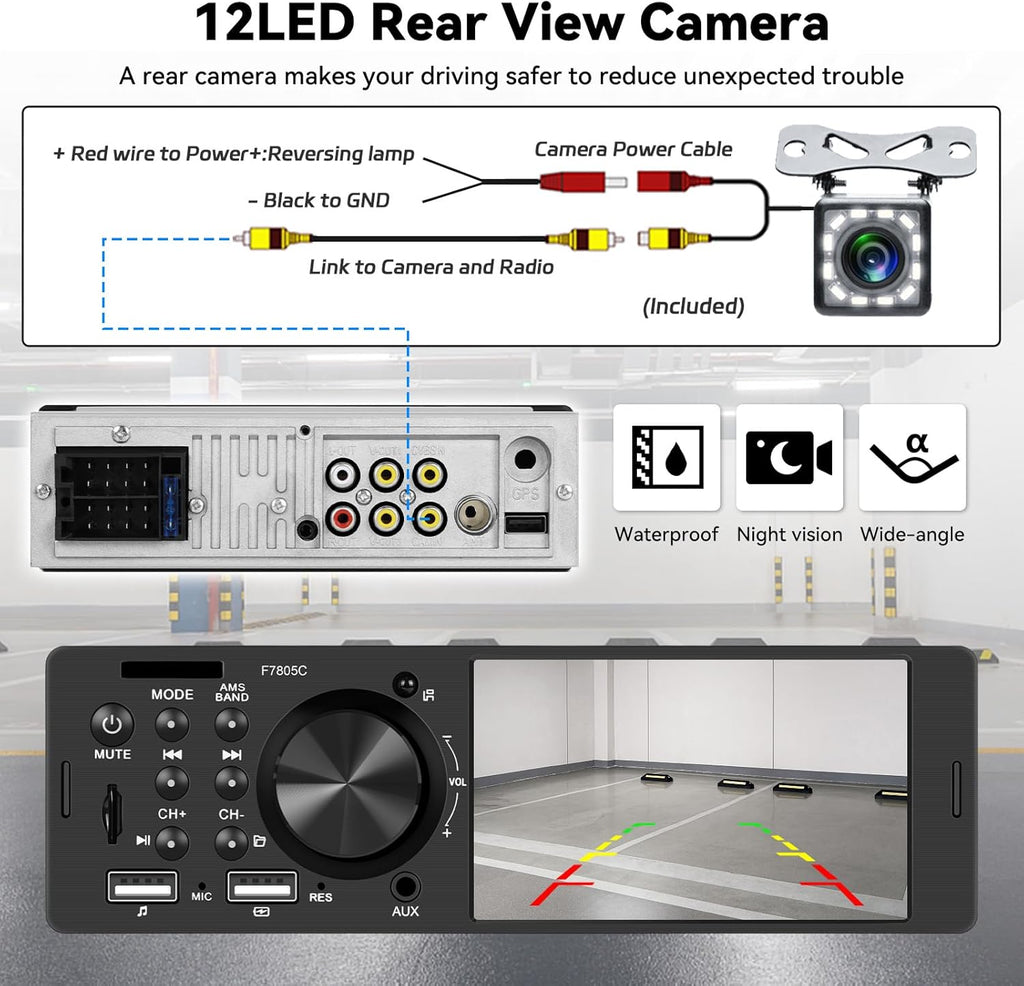 Single Din Touch Screen Car Radio with CarPlay Android Auto 4 Inch Bluetooth Car Stereo Receiver Hands-Free Calling Audio FM 2 USB AUX SD Card Input, Mirror Link MP5 Player SWC + Backup Camera