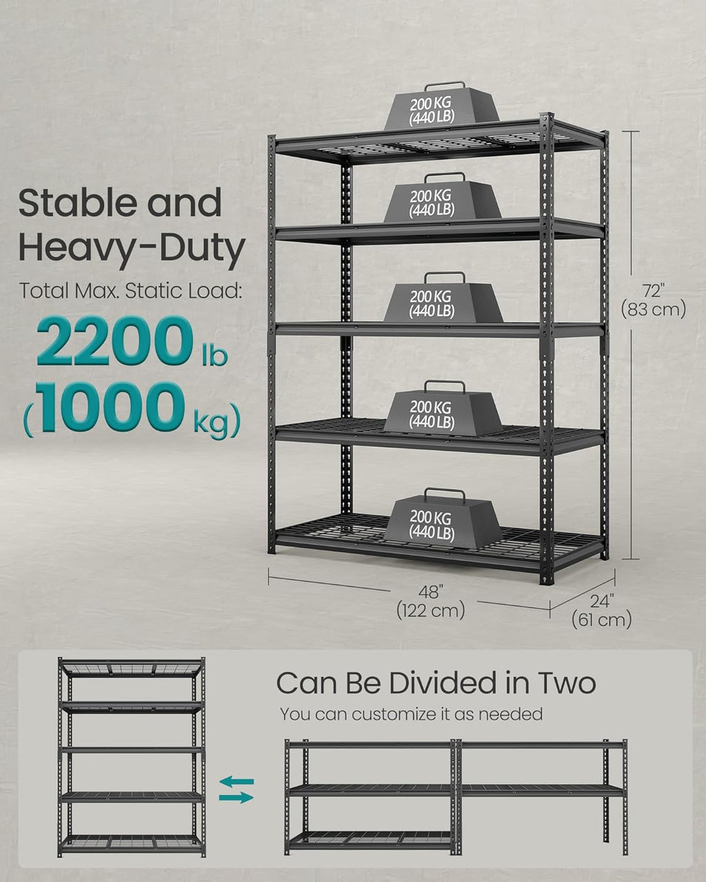 SONGMICS 5-Tier Storage Shelves Set of 2, Heavy-Duty Garage Shelving, Adjustable Shelving Unit, Steel Shelf, Boltless Assembly, for Garage, 2,200 lb Load, 24 x 96 x 72 Inches, Ink Black UGLR454B02