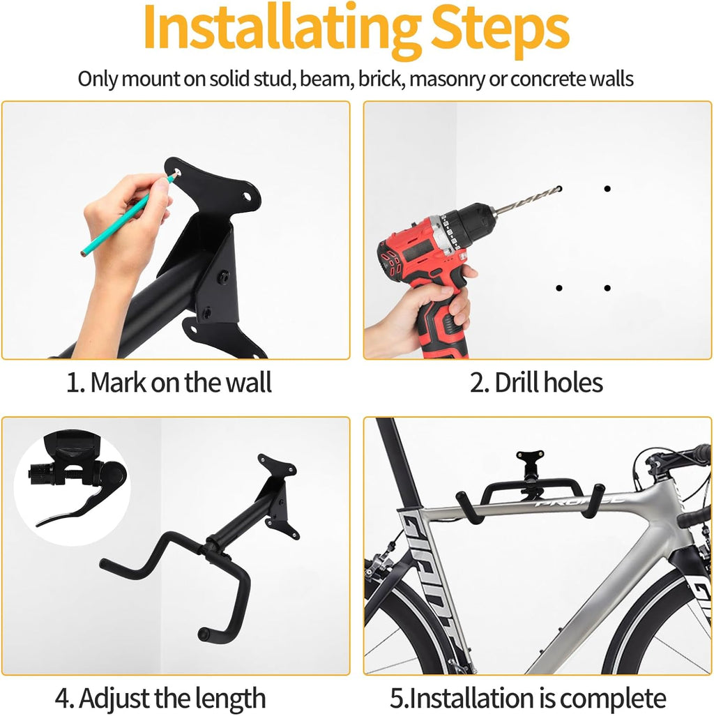 Bike Wall Parking Stand - Adjustable Horizontal Bicycle Storage Rack for Garage and Home - Metal Hook Holder for Road, Mountain, and Hybrid Bikes