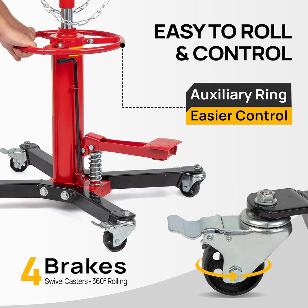 TUFFIOM Transmission Jack, 1660 lbs 3/4-Ton Hydraulic 2-Stage High Lift Vertical Telescoping Floor Jack Stand, 34" to 68" Lifting Range, w/Pedal, 360° Swivel Wheels, Garage/Shop Lift Hoist, Red