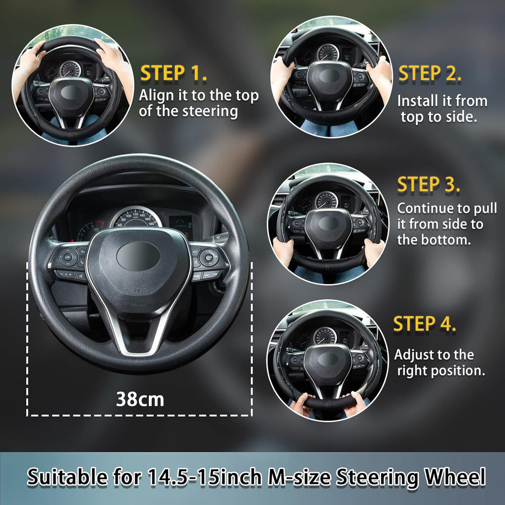 Steering Wheel Cover Blue, Carbon Fiber Car Steering Wheel Covers with Coasters Universal 14.5-15 inch Leather Microfiber Breathable Anti-Slip Steering Wheel Accessories Set
