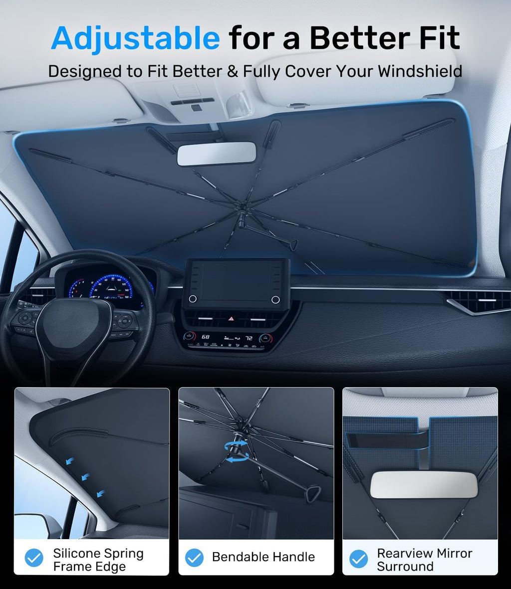 Zanch 2025 Upgraded Car Windshield Sun Shade [Cool Down by 75℉ ] with Heat Insulation Coating, Foldable Sunshade Umbrella Flexible Handle & Ribs, Medium (57''x32'') for Car, SUV, Truck, Van
