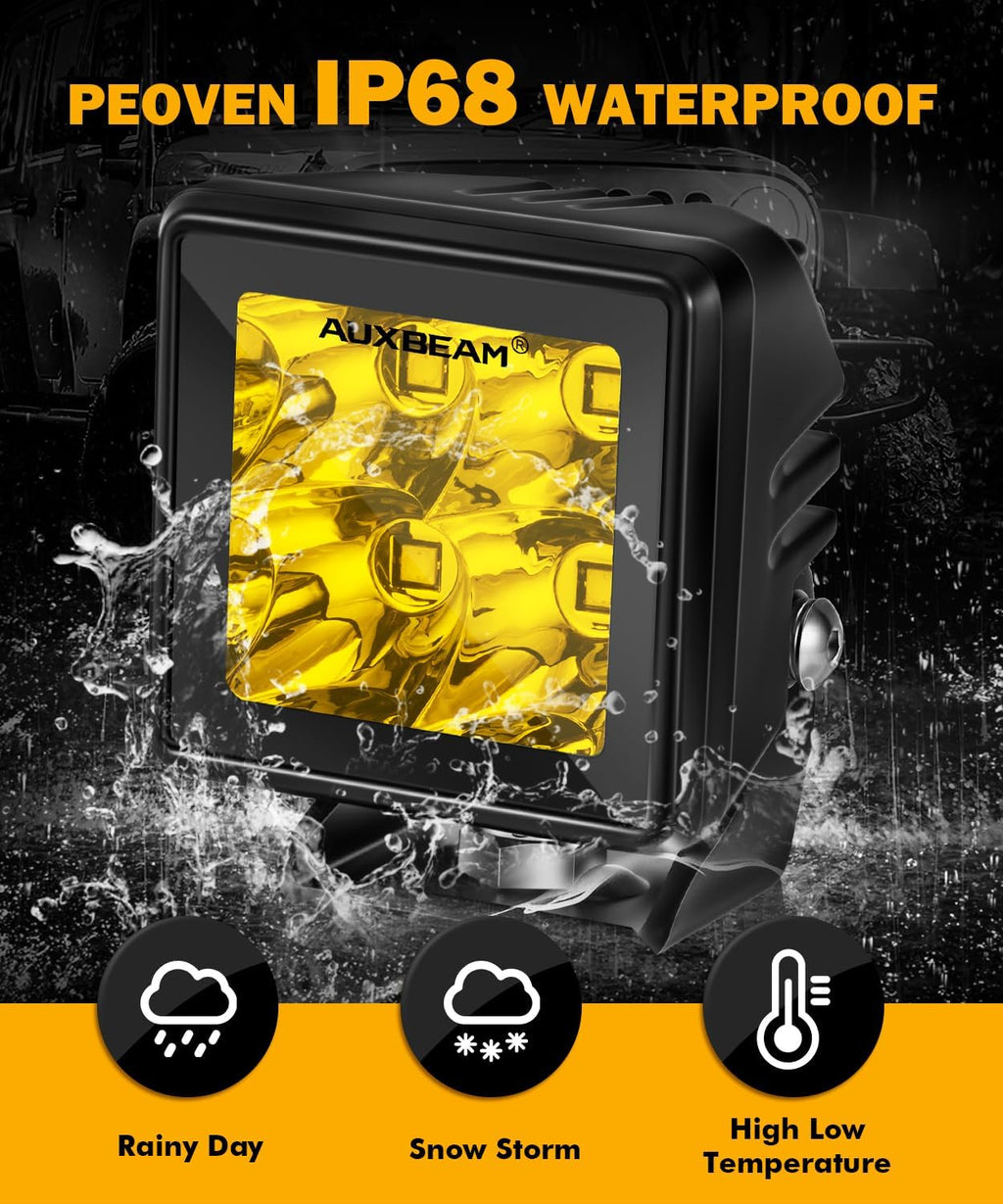 Auxbeam LED Pod Light, 2 Inch Amber Fog Light Offroad Cube Light Pods Focusing Spotlights, 4000LM Spot Beam Auxiliary Driving Ditch Work Lights for Auto Truck Car Jeep