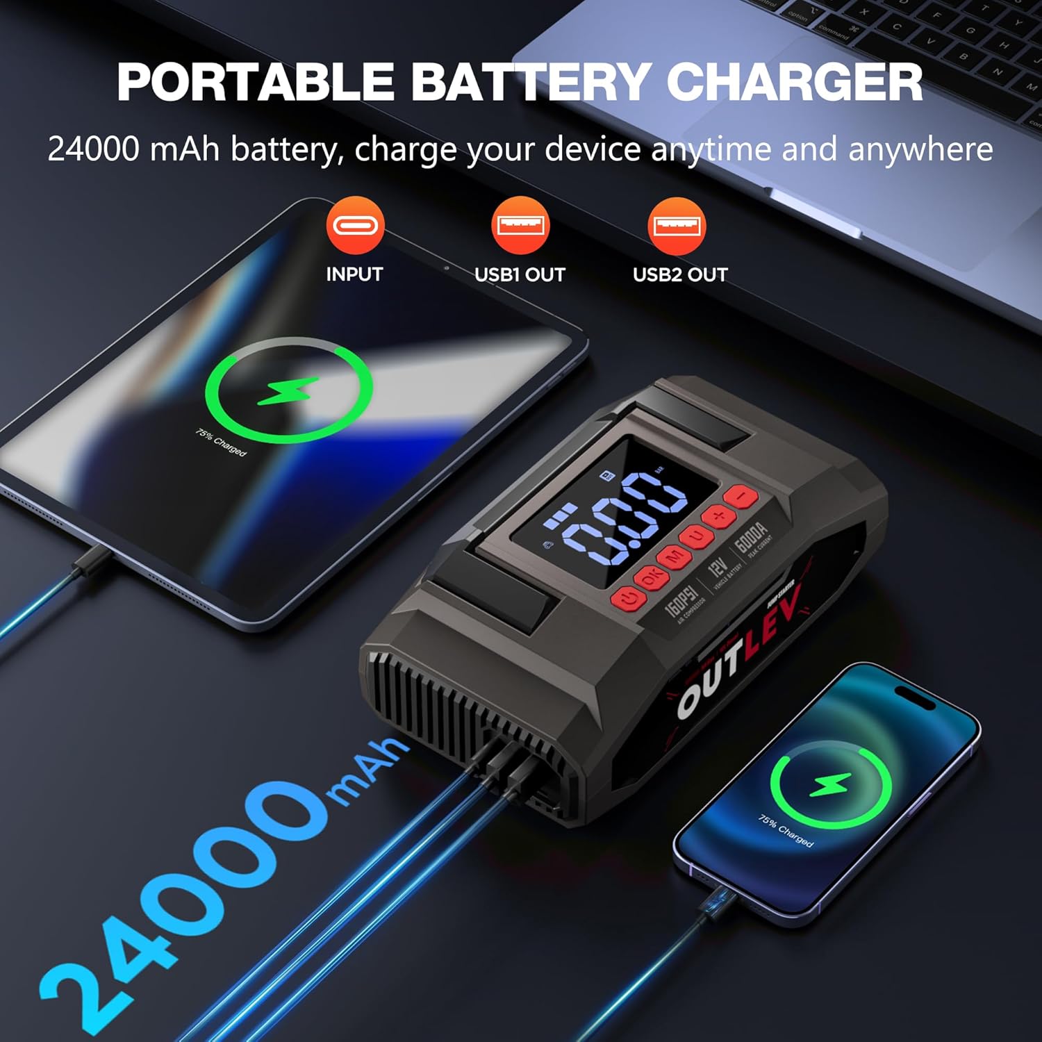 Jump Starter with Air Compressor (6000A 160PSI) - All-in-One Portable Jump Starter for Cars, Trucks, RV, Boat - Fast Charging, Safety Protection, Essential for Road Trips & Emergencies