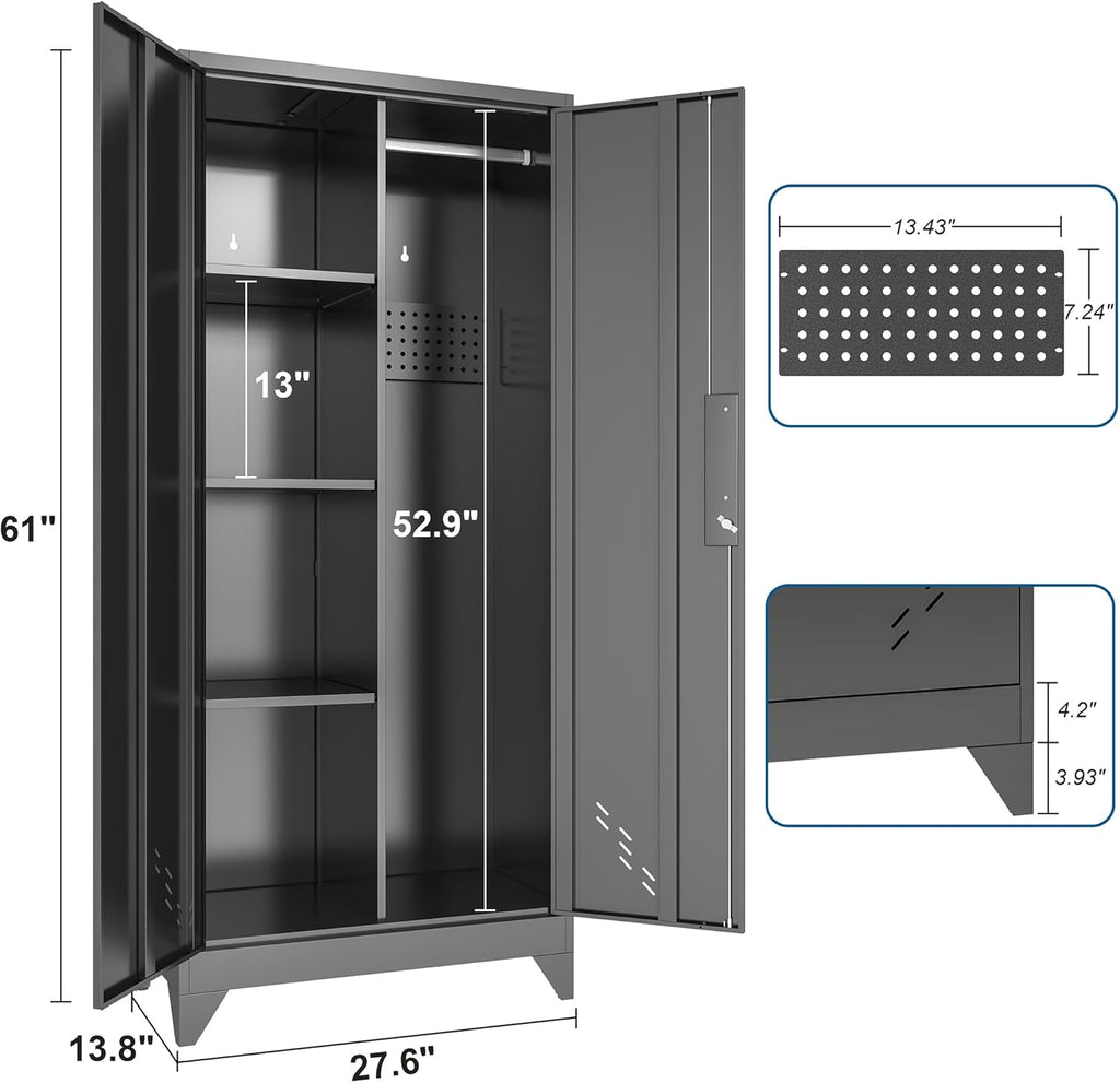 61" H Metal Storage Cabinet, Storage Shed with Shelves for Brooms and mops, Cleaning Supplies Closet with Removable Pegboard for Outdoor, Garage, Utility Room