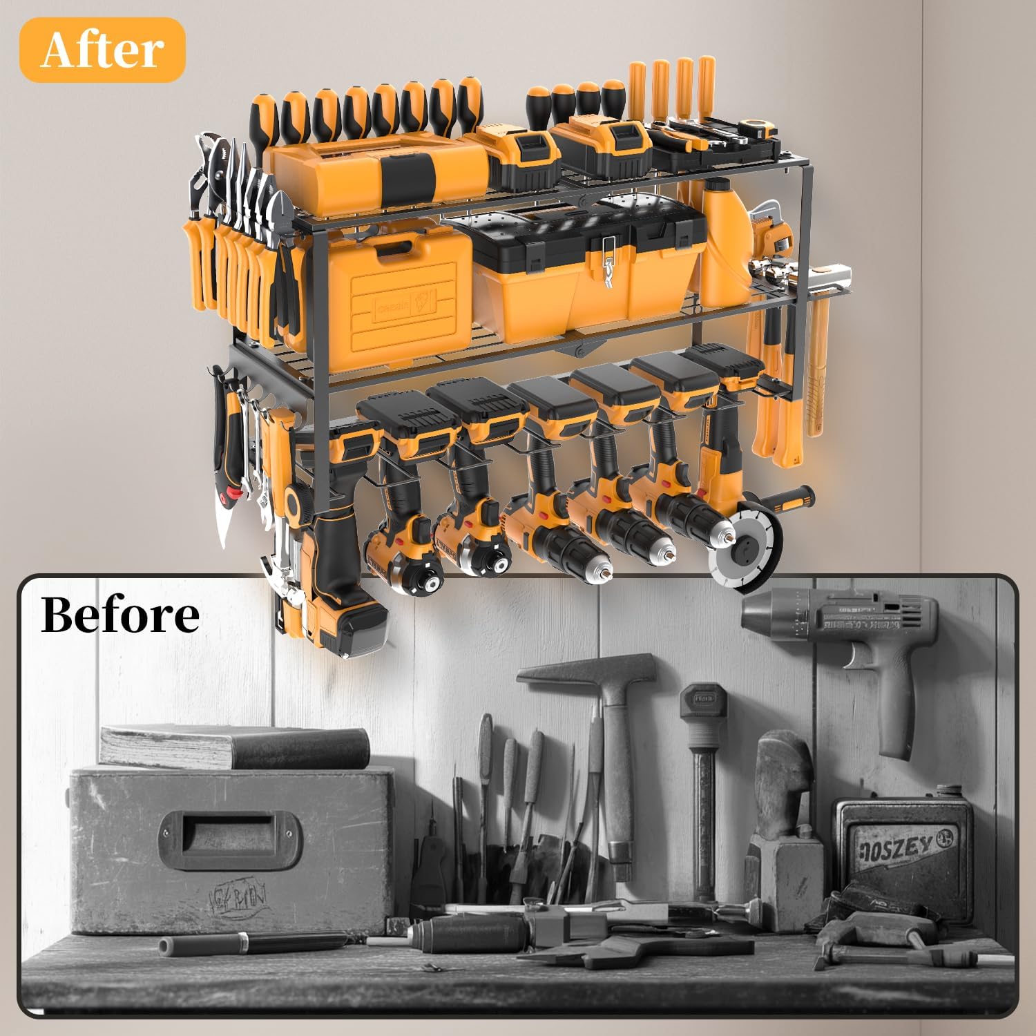 Large Power Tool Organizer Wall Mount, Power Tool Shelf System Battery Storage with 8 Cordless Drill Holder，3 Layers Heavy Duty Metal Loads 450lbs，Utility Racks for Garage Workshop
