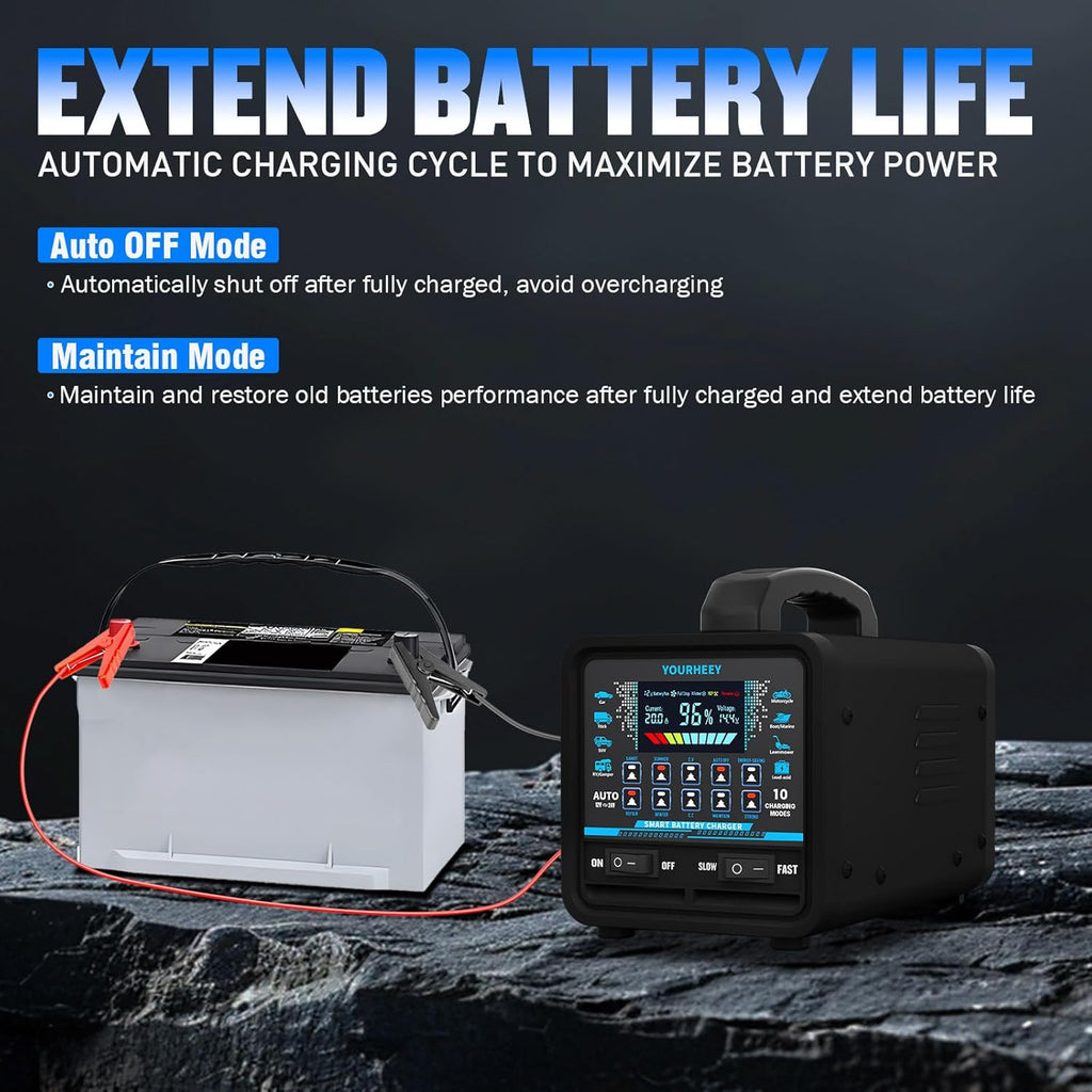 12V/24V 0-20A Heavy Duty Battery Charger/Maintainer with Auto Shutoff, Repair & Winter Mode, 10 Modes & Color Screen for Car, Truck, Motorcycle, RV, Boat, Lawn Mower, cargador de batería de carro