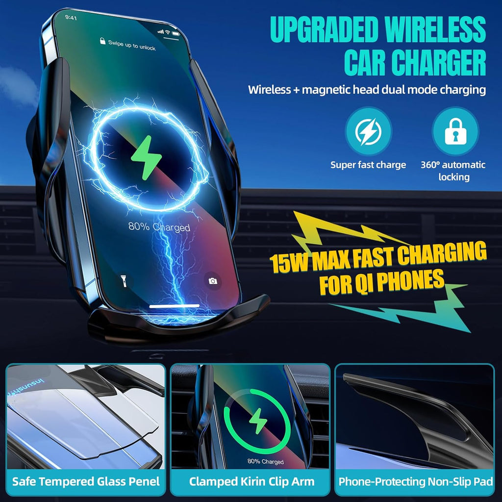 Wireless Car Charger, MAX 15W Fast Charging Auto Clamping, Sensing Phone Holder Mount, fit for iPhone 16 15 14 13 12 Pro Max Xs X, Samsung Galaxy S24 Ultra S23 S22 S21 S20 Note20 (2-Black)