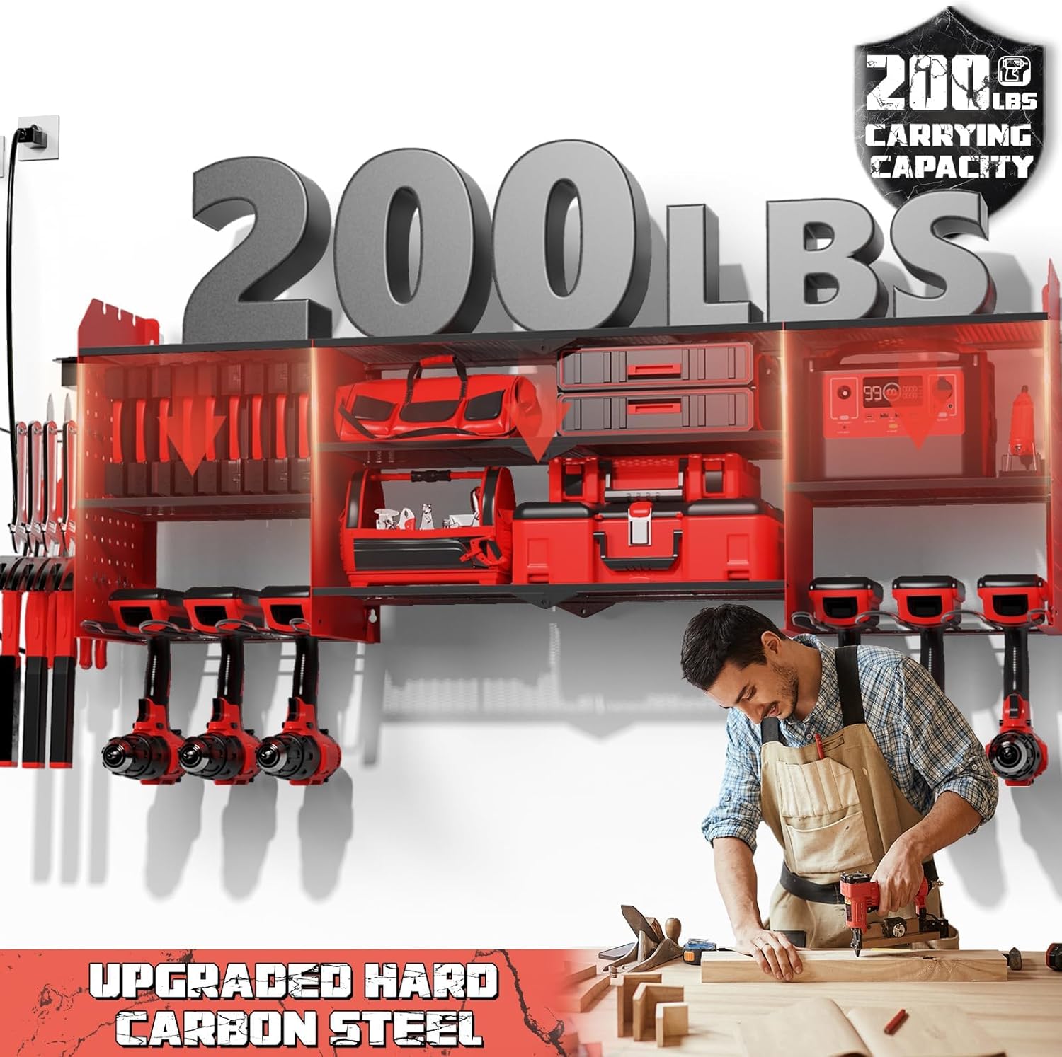 45" Large Power Tool Organizer Wall Mount with Charging Station - 3 Layer Storage Racks with 8 Cordless Drill Holder, 4 Hooks, Heavy Duty Garage Tool Organizer Storage for Workshop Pegboard Basement