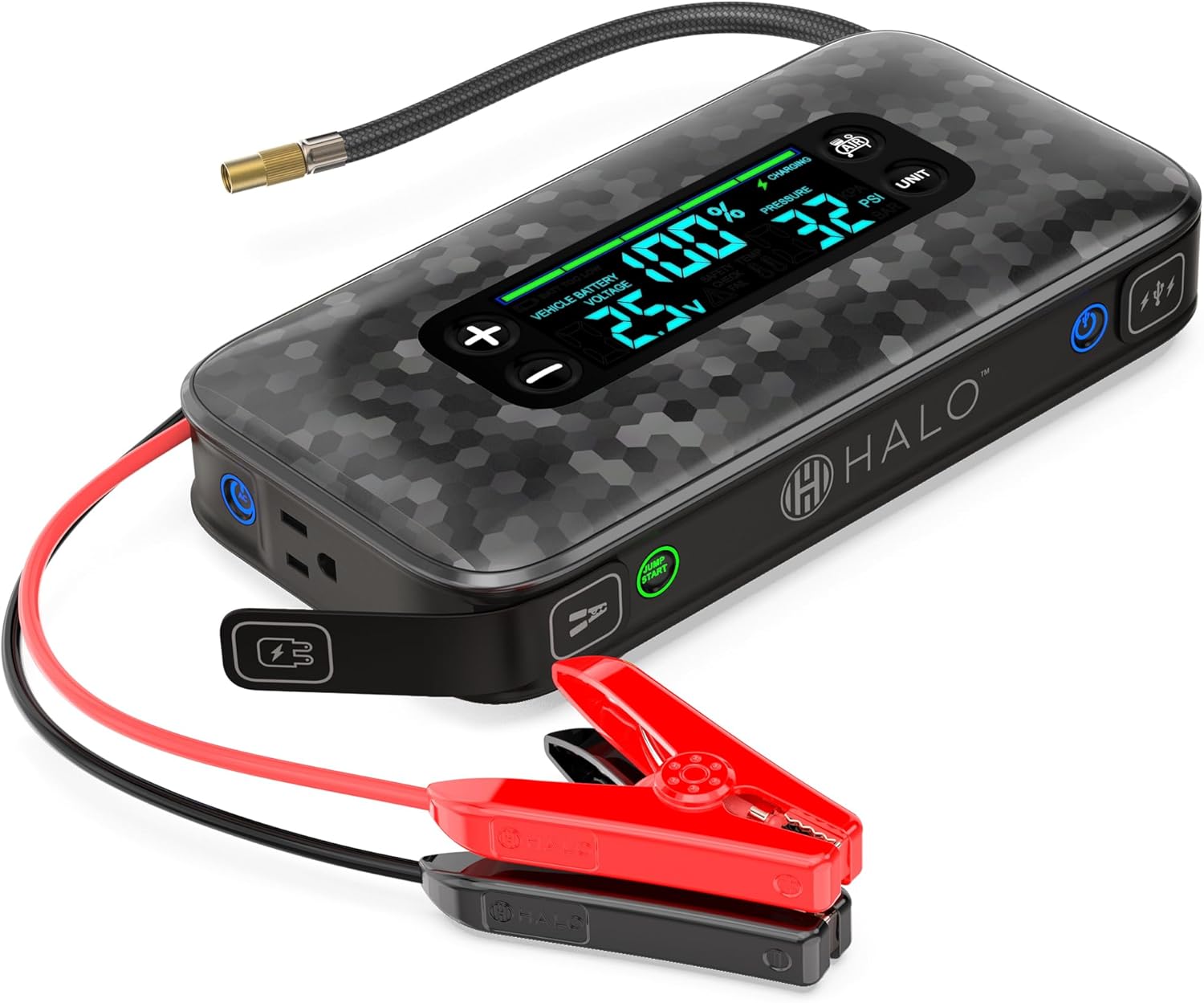 HALO Bolt Ultimate 3 Portable Car Battery Jump Starter | 130 PSI Air Compressor, 55.5Wh USB Power Bank, Large Display, Emergency Floodlight & Charger, Jumps Cars SUVs & Trucks, Inflates Tires — Specks