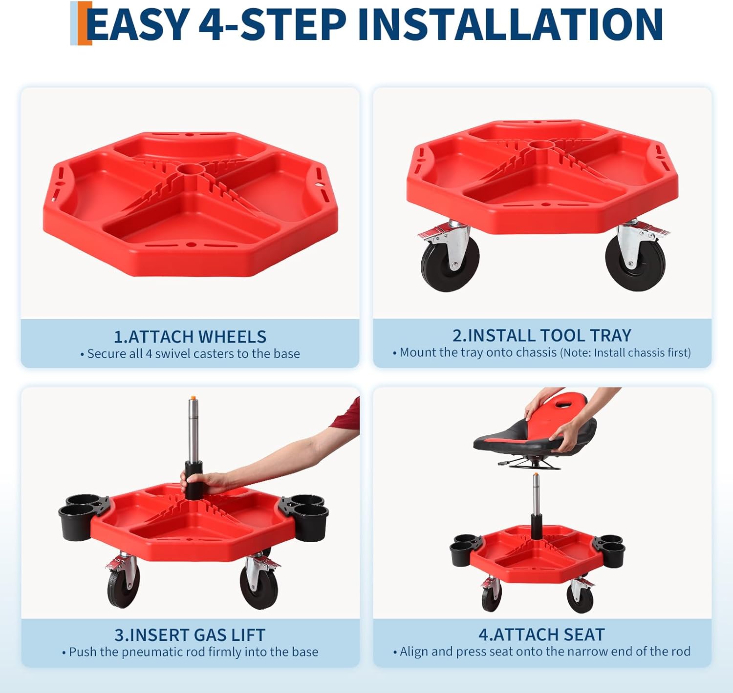 Garage Stool, 19”-24” Adjustable Rolling Mechanic Stool with Universal Wheels, Removable Magnetic Tool Tray, 300LBS Capacity, Roller Creeper Seat, Shop Chair