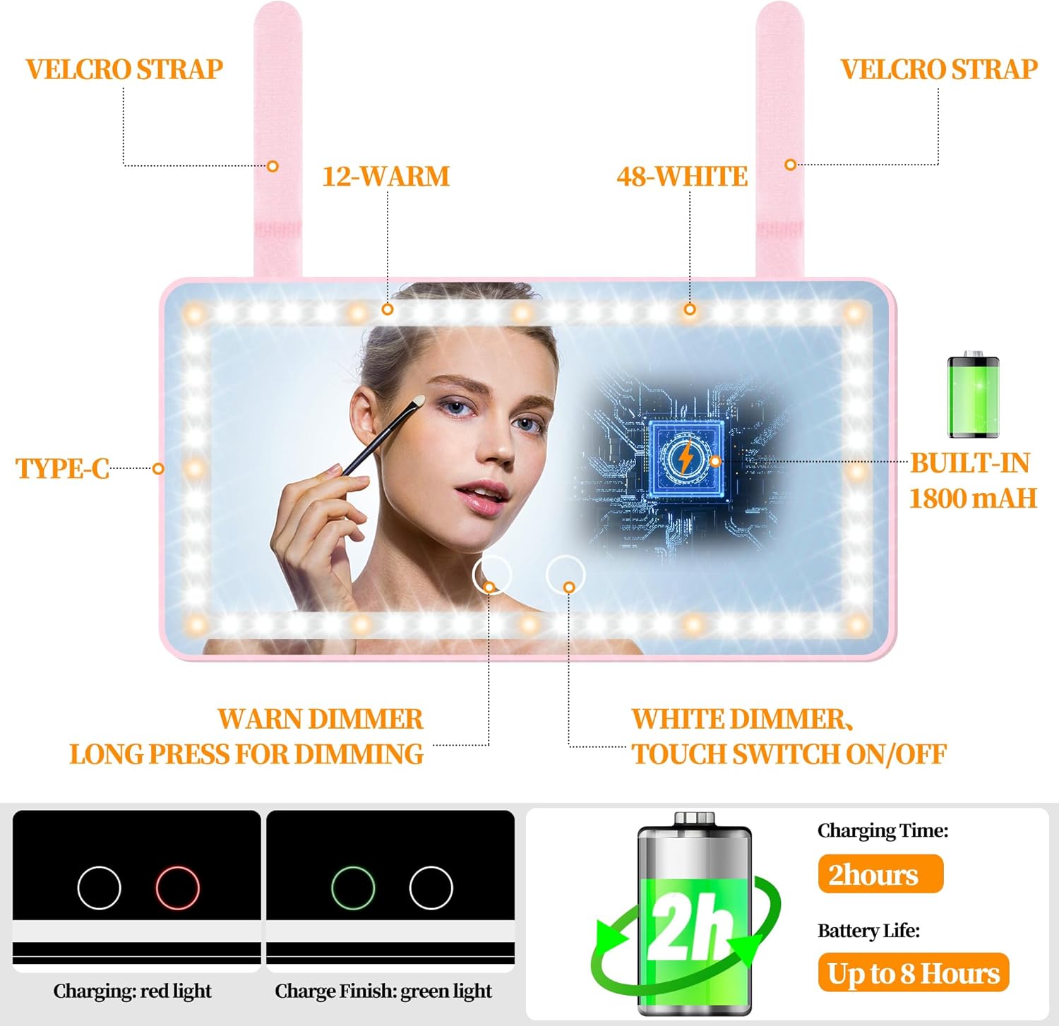 Car Sun Visor Vanity Mirror with Lights, Pink Rechargeable Car Makeup Mirror Accessories, Birthday Gifts for Women Girl, 3 Light Modes, Dimmable Touch Led Screen, Universal for Car Truck