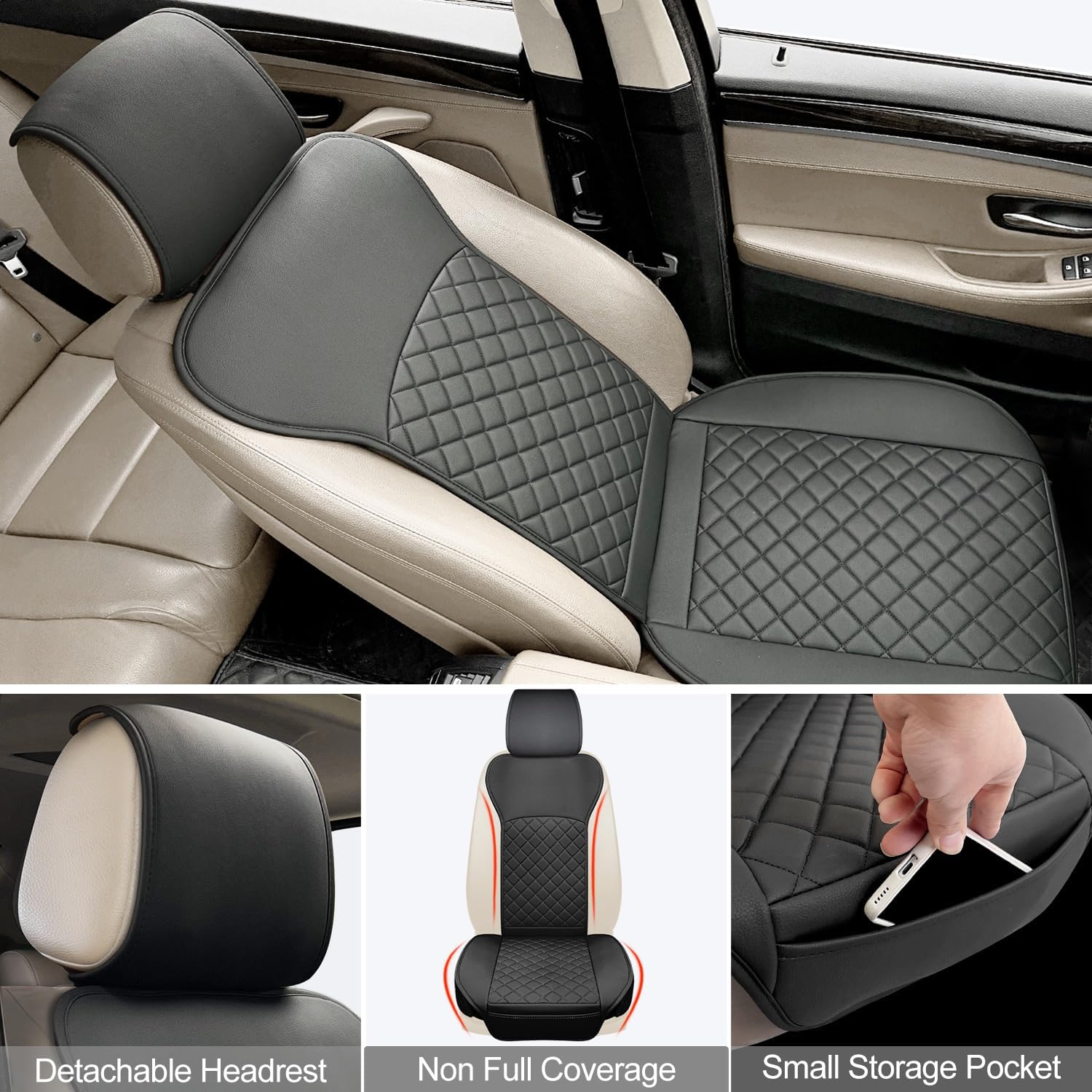 2 Pack Leather Front Seat Covers, Universal Sideless Car Seat Protectors, Waterproof Automotive Seat Cover for Most Cars Trucks SUV(Black)